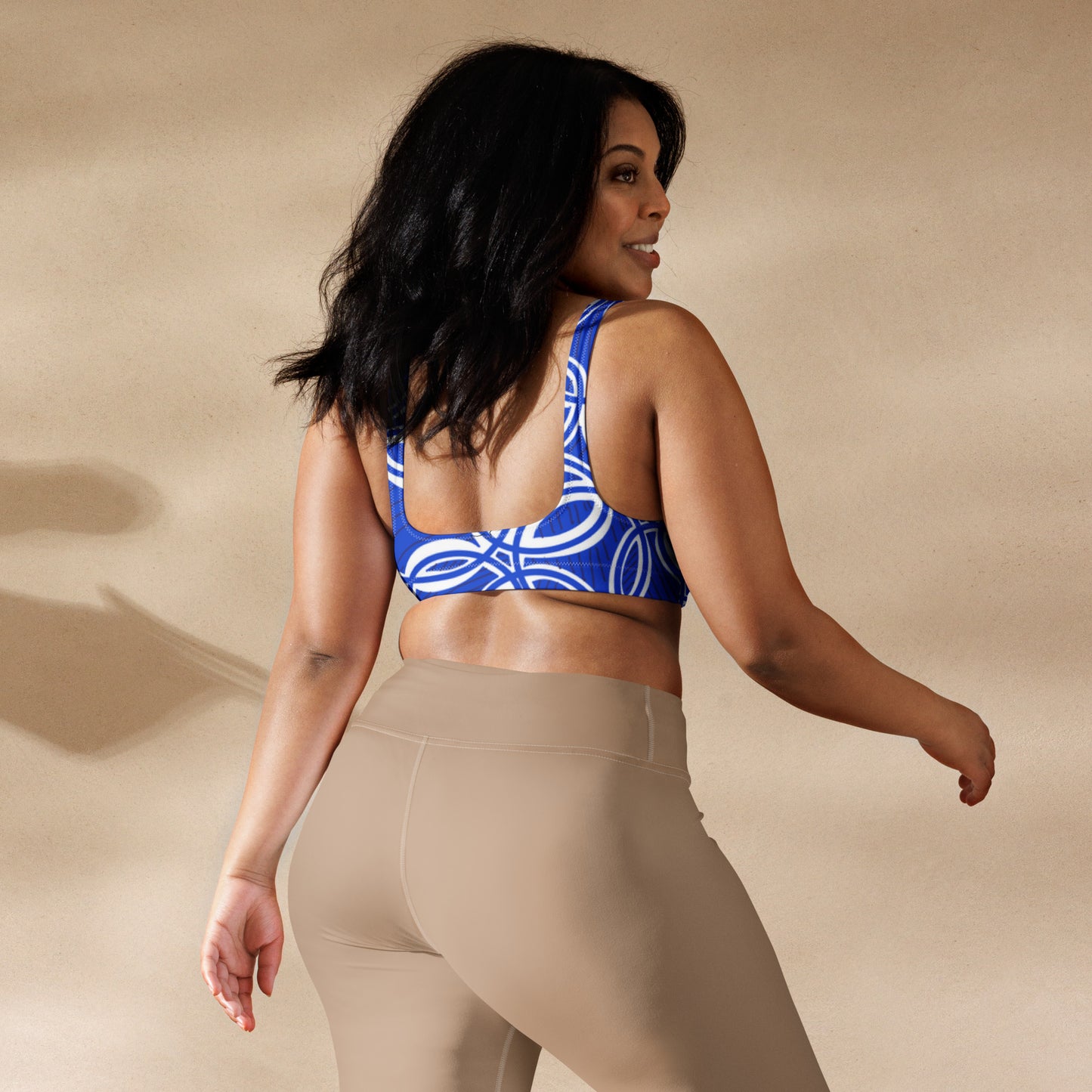Geometric Blue/White padded bikini top. Sports Bra. Bra. Design hand-painted by the Designer Maria Alejandra Echenique