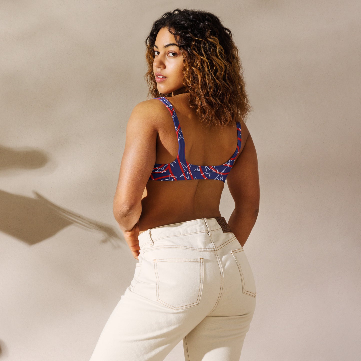 America inspired Recycled padded bikini top. Design hand-painted by the Designer Maria Alejandra Echenique