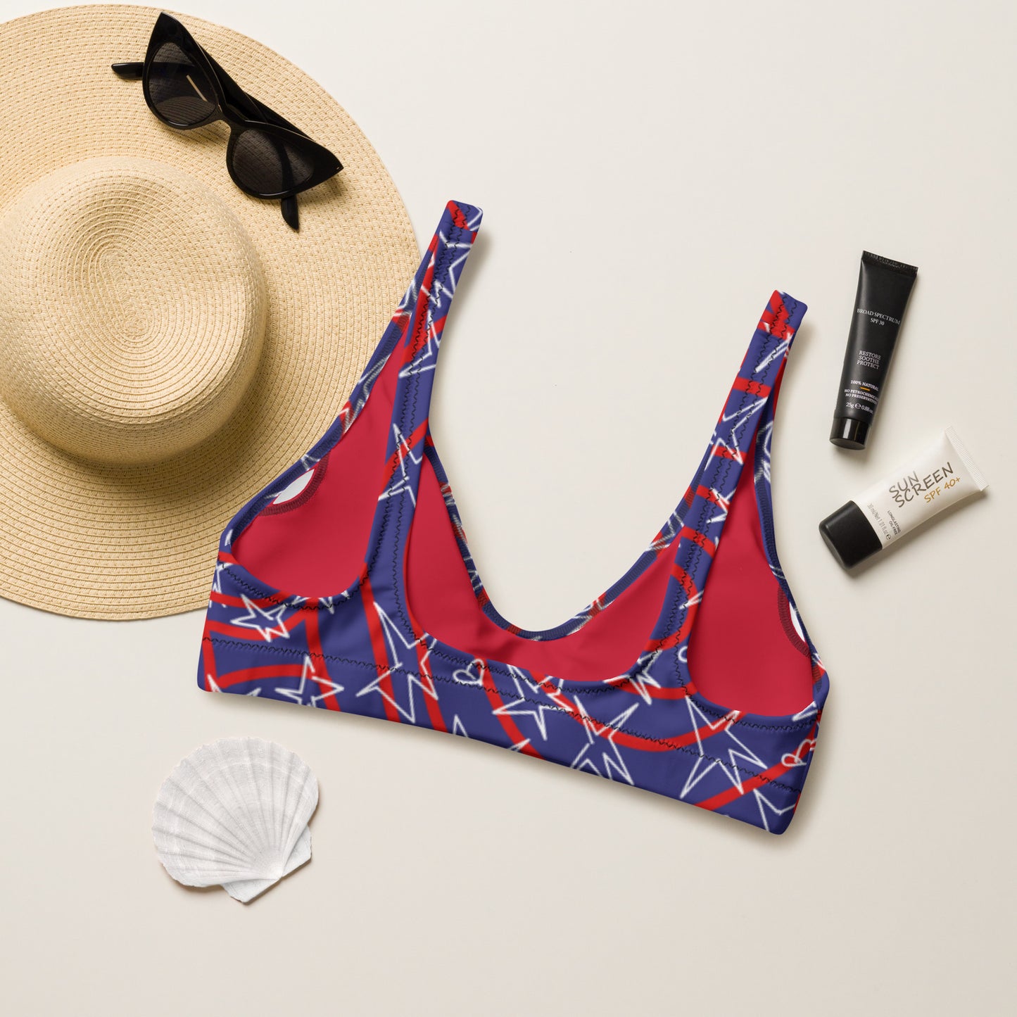 America inspired Recycled padded bikini top. Design hand-painted by the Designer Maria Alejandra Echenique