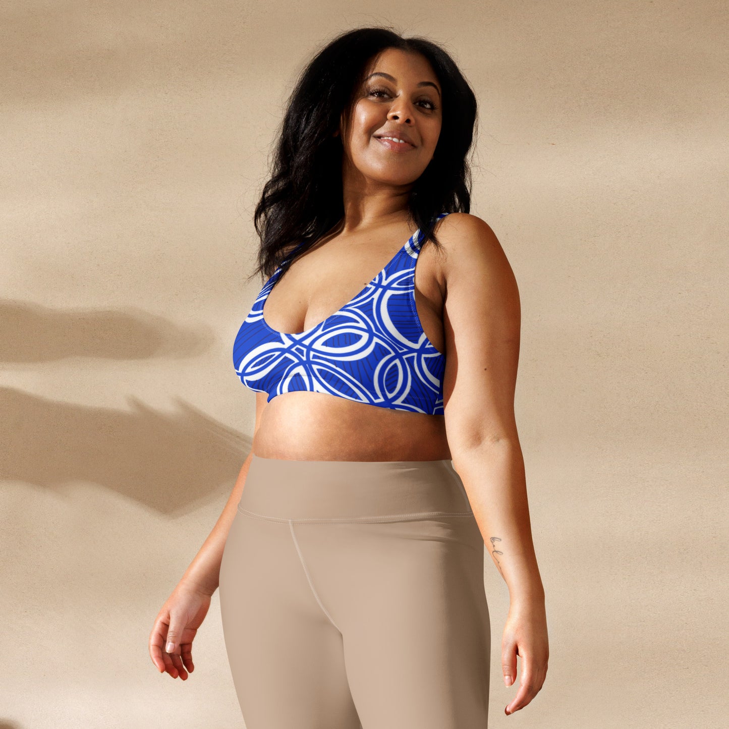 Geometric Blue/White padded bikini top. Sports Bra. Bra. Design hand-painted by the Designer Maria Alejandra Echenique
