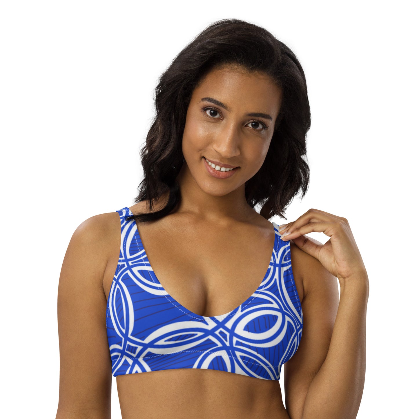 Geometric Blue/White padded bikini top. Sports Bra. Bra. Design hand-painted by the Designer Maria Alejandra Echenique