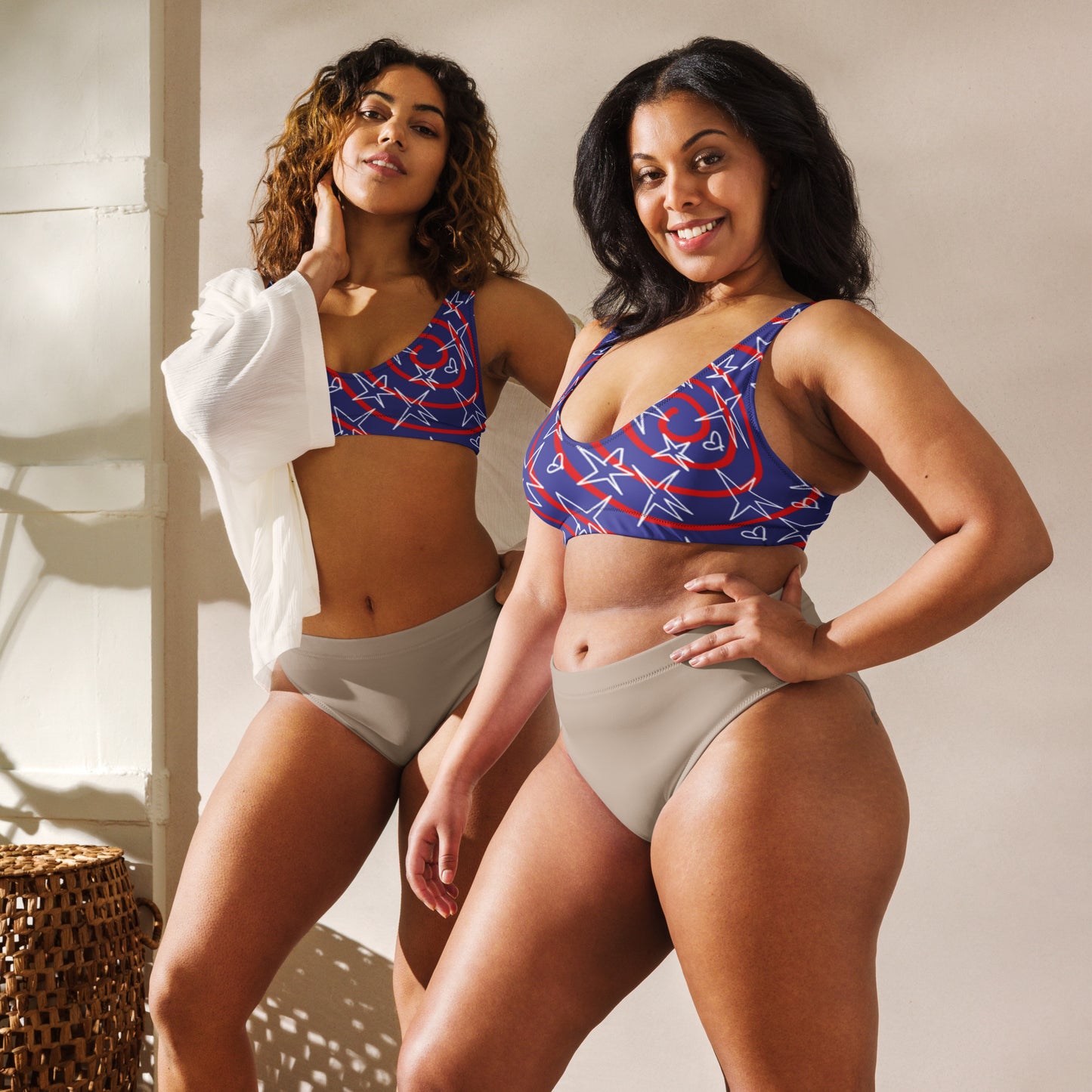 America inspired Recycled padded bikini top. Design hand-painted by the Designer Maria Alejandra Echenique