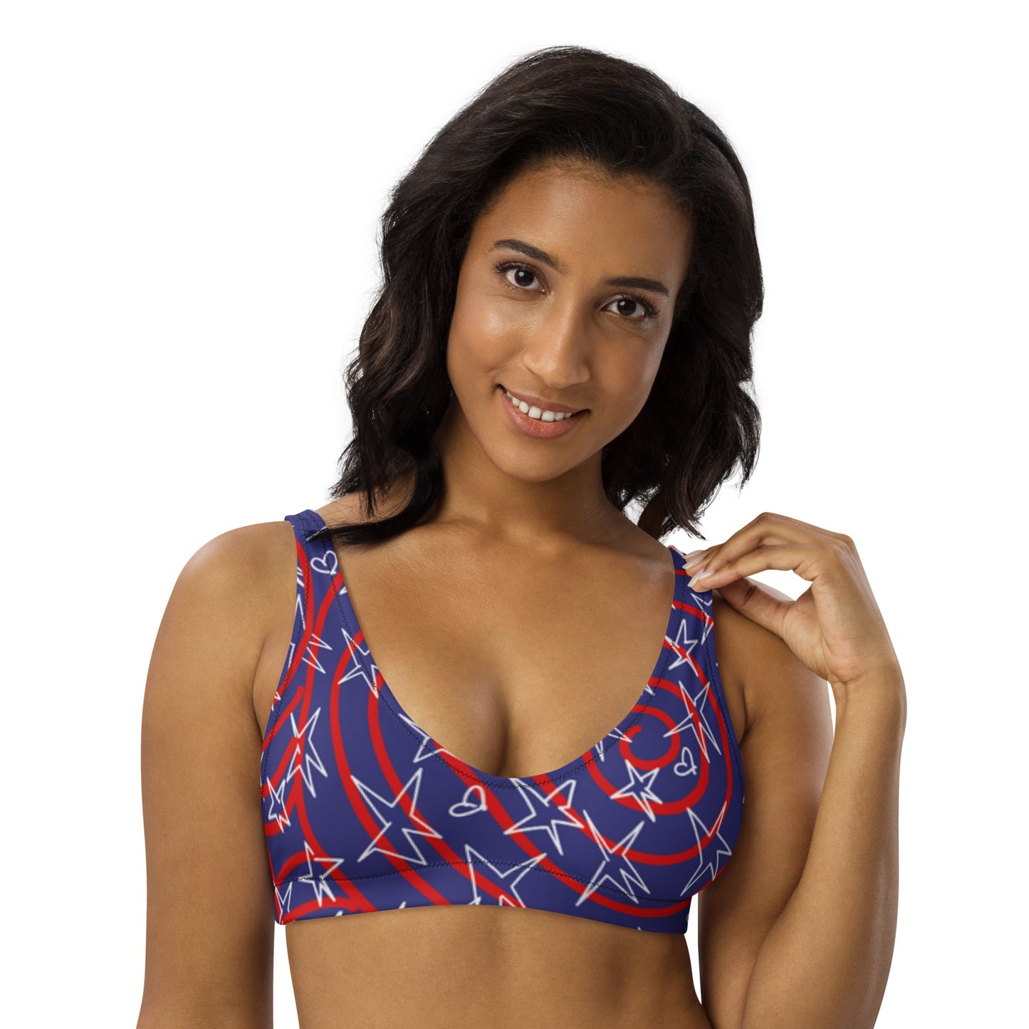America inspired Recycled padded bikini top. Design hand-painted by the Designer Maria Alejandra Echenique