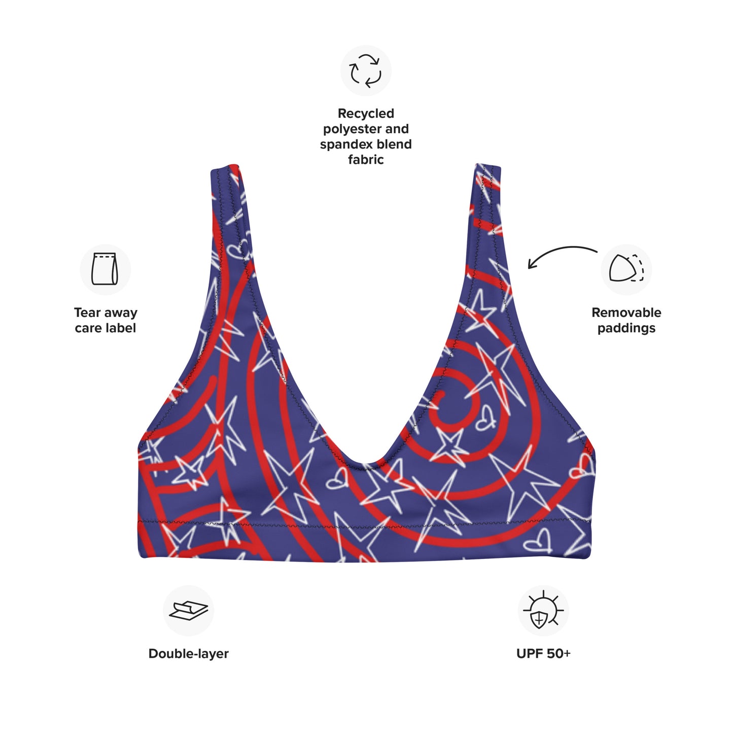America inspired Recycled padded bikini top. Design hand-painted by the Designer Maria Alejandra Echenique