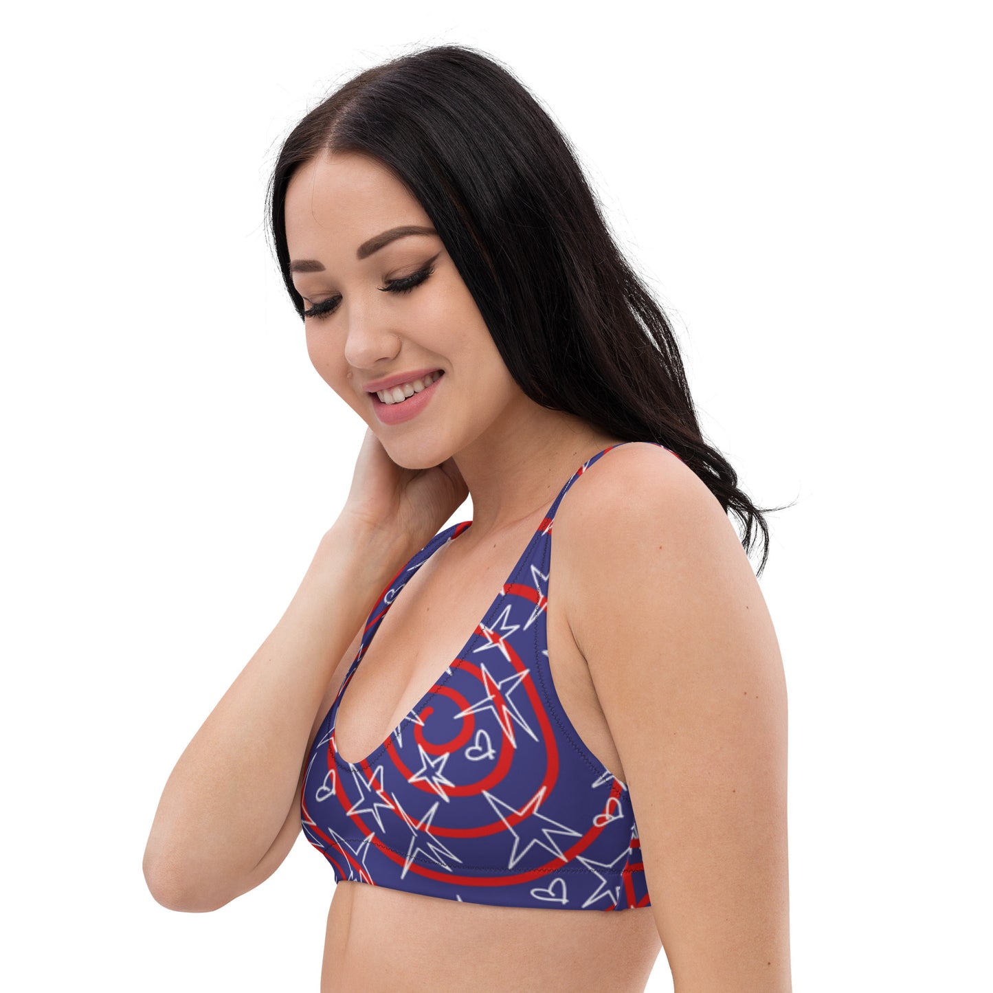America inspired Recycled padded bikini top. Design hand-painted by the Designer Maria Alejandra Echenique