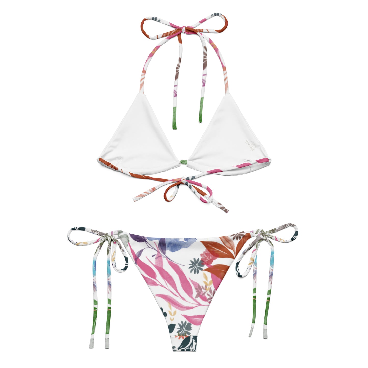 Multicolor Flowers White recycled string bikini. Design hand-painted by the Designer Maria Alejandra Echenique