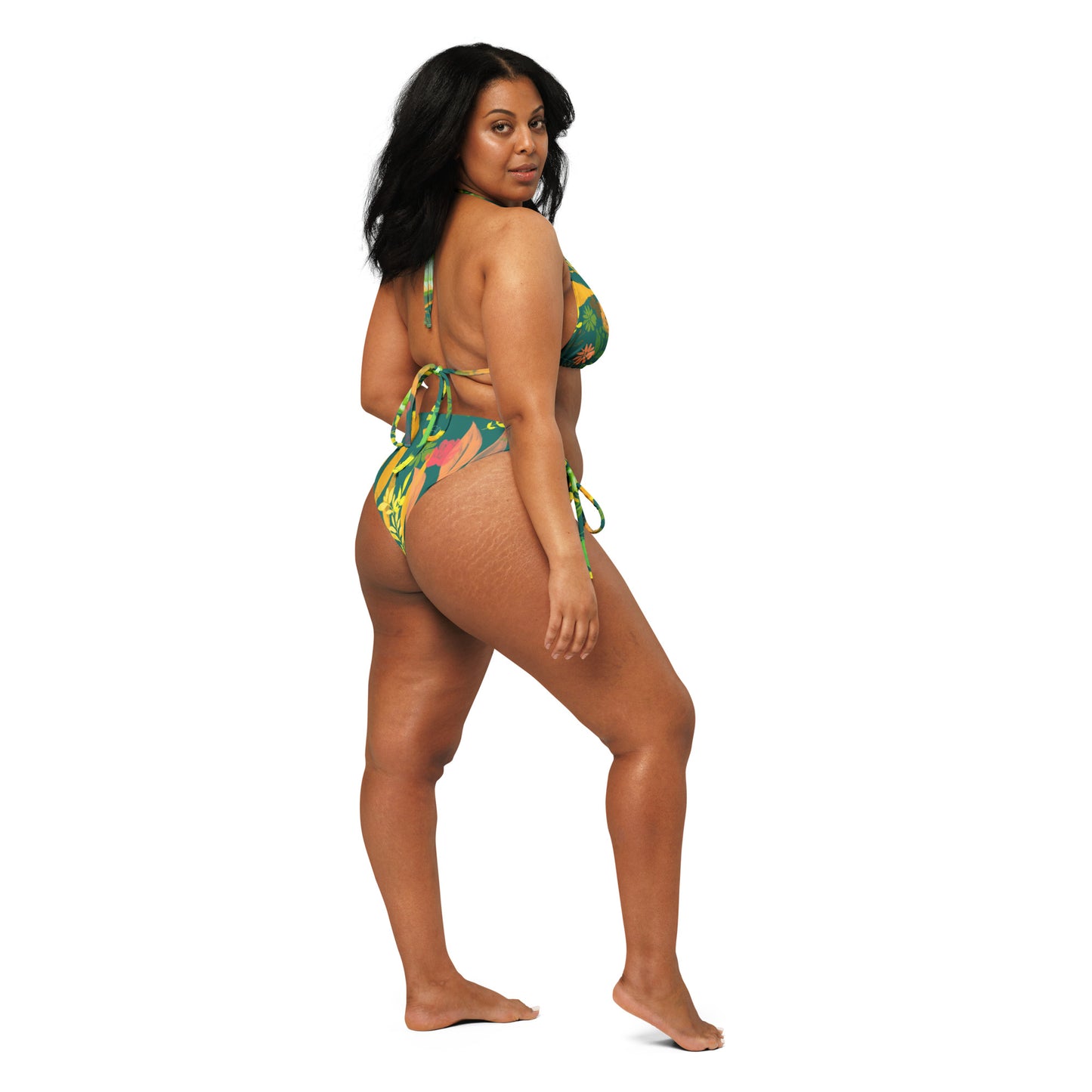 Multicolor Flowers green string bikini. Design hand-painted by the Designer Maria Alejandra Echenique