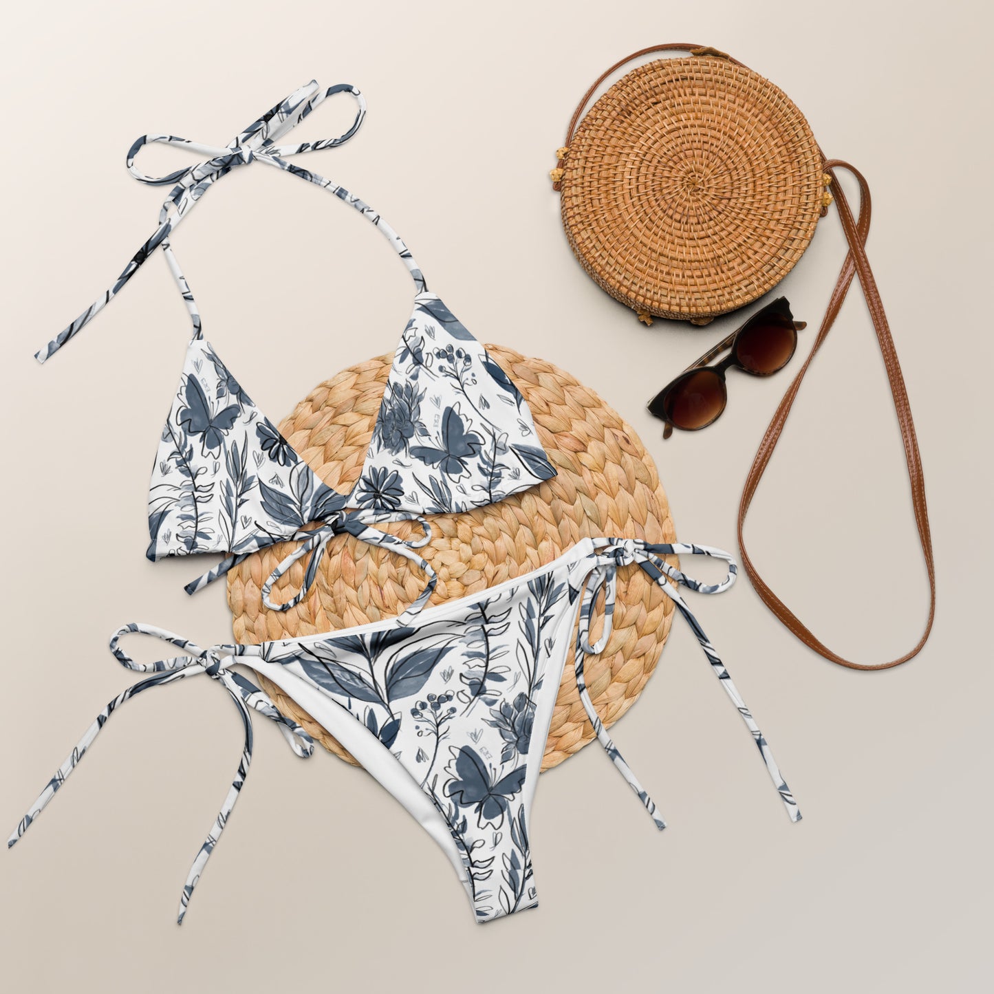 Watercolor White & Blue recycled string bikini. Houston Collection. Design hand-painted by the Designer Maria Alejandra Echenique
