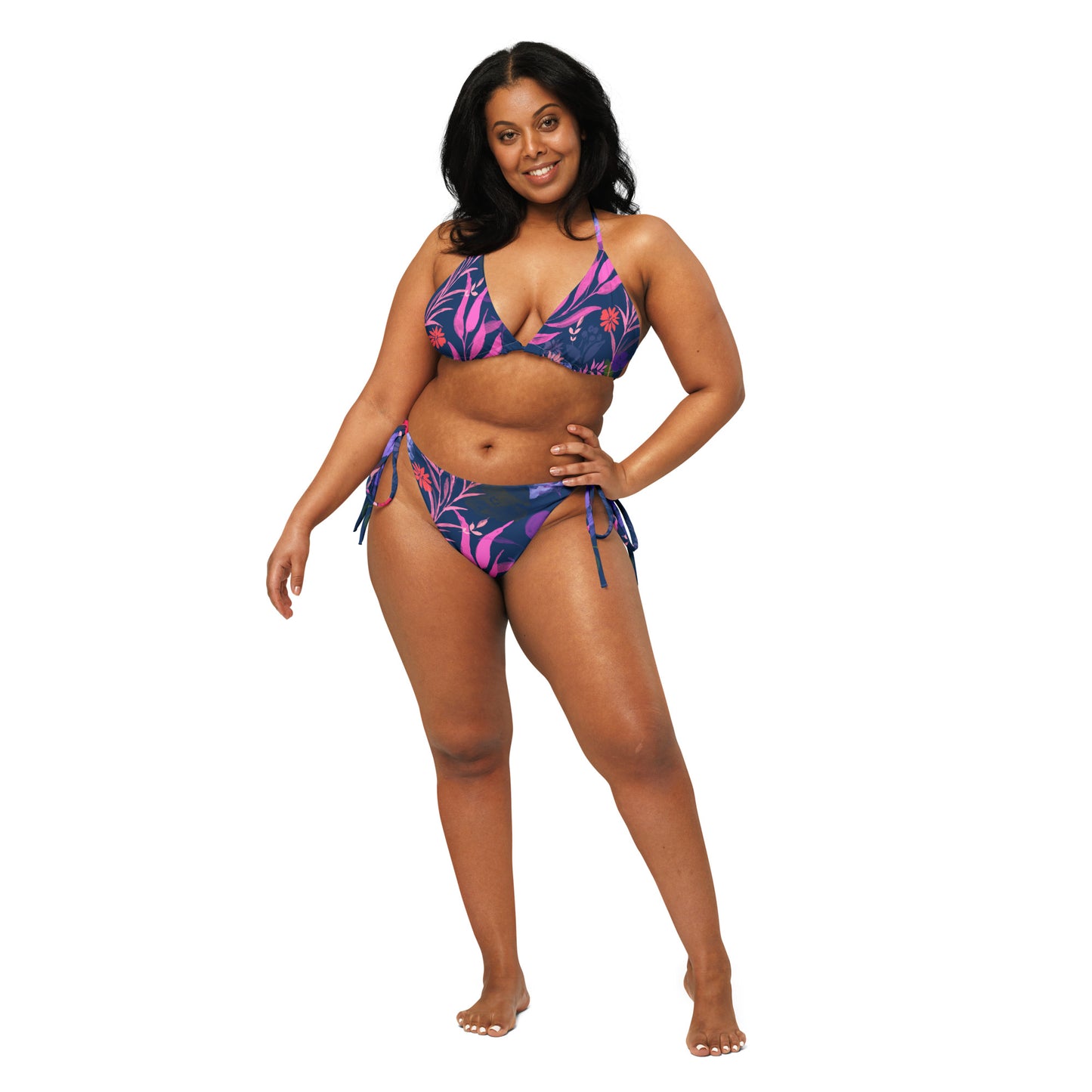 Multicolor Flowers Blue and multicolor recycled string bikini. Houston Collection. Design hand-painted by the Designer Maria Alejandra Echenique