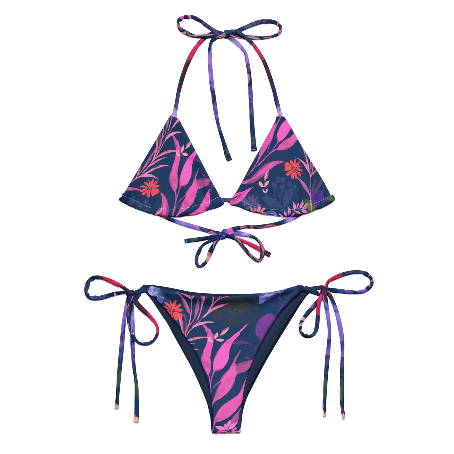 Multicolor Flowers Blue and multicolor recycled string bikini. Houston Collection. Design hand-painted by the Designer Maria Alejandra Echenique