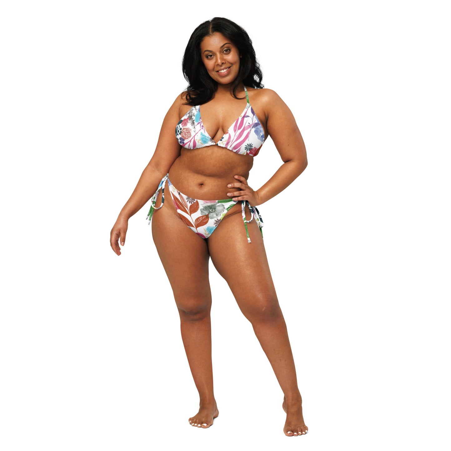 Multicolor Flowers White recycled string bikini. Design hand-painted by the Designer Maria Alejandra Echenique