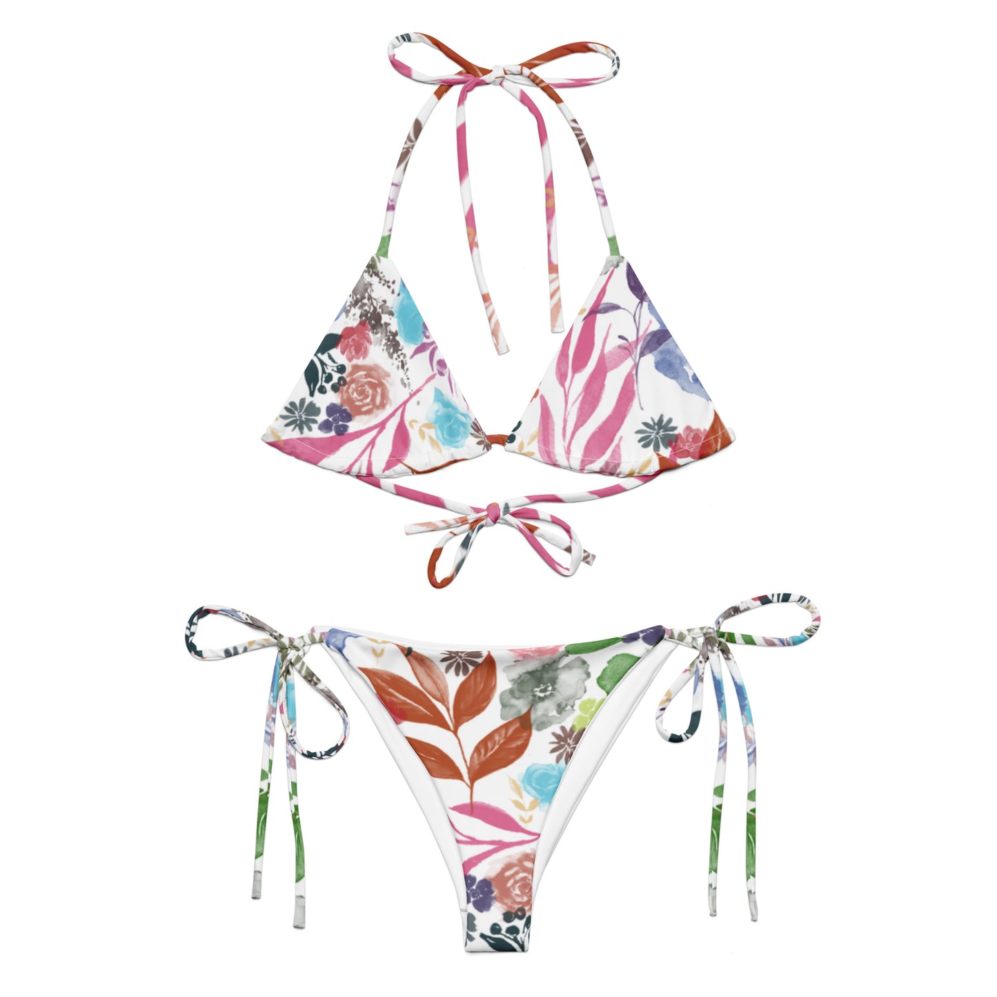 Multicolor Flowers White recycled string bikini. Design hand-painted by the Designer Maria Alejandra Echenique
