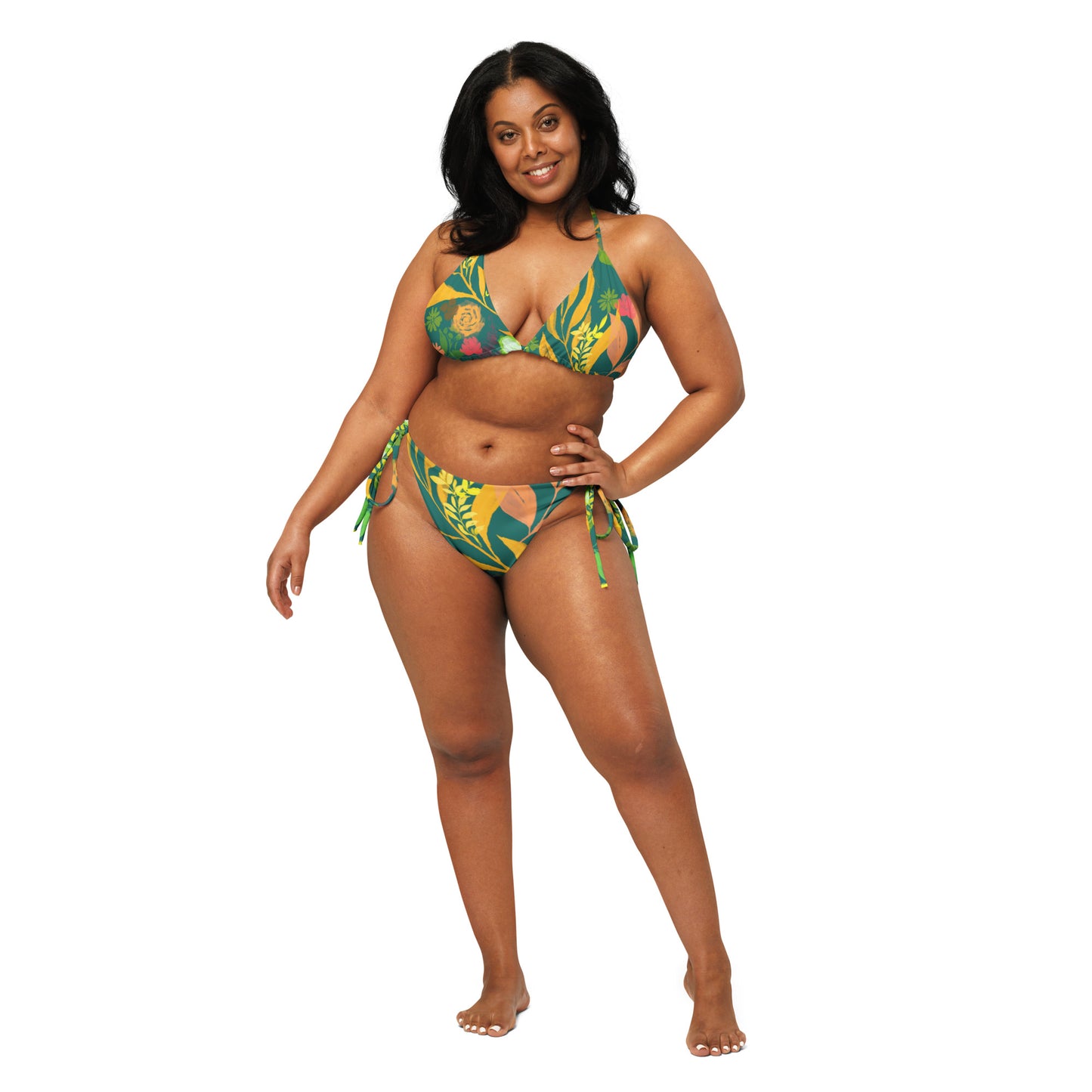 Multicolor Flowers green string bikini. Design hand-painted by the Designer Maria Alejandra Echenique