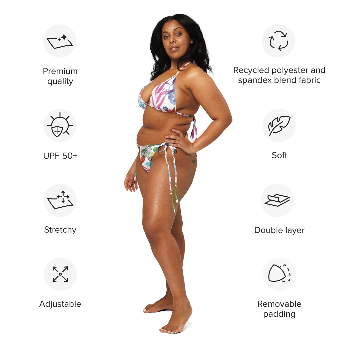 Multicolor Flowers White recycled string bikini. Design hand-painted by the Designer Maria Alejandra Echenique