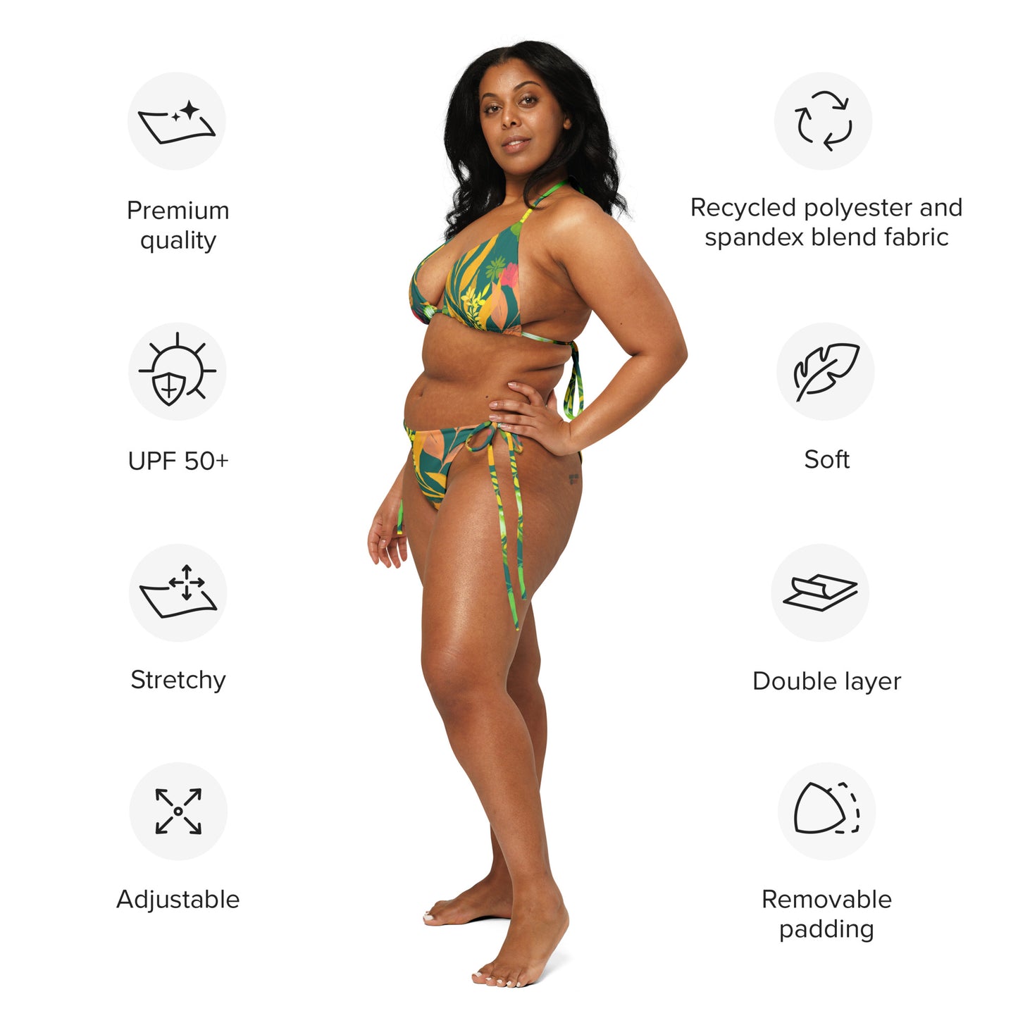 Multicolor Flowers green string bikini. Design hand-painted by the Designer Maria Alejandra Echenique