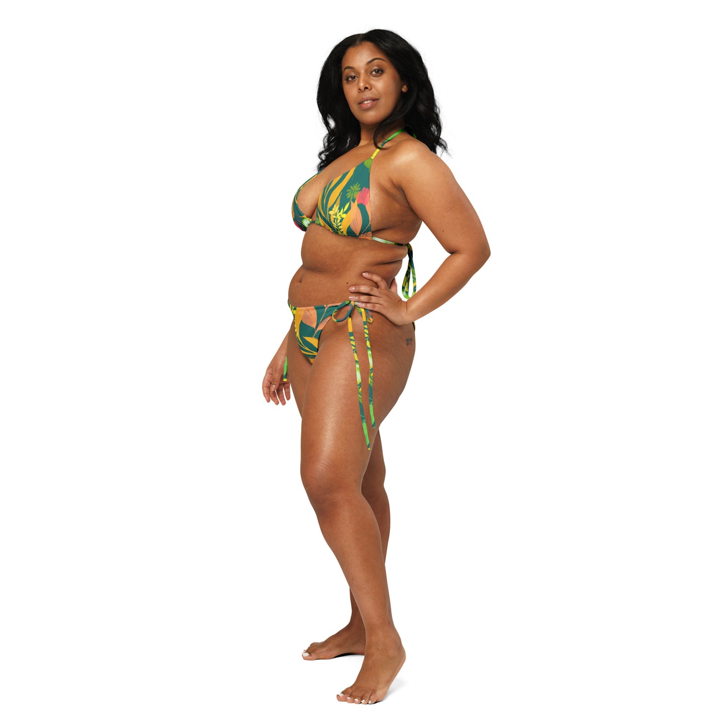 Multicolor Flowers green string bikini. Design hand-painted by the Designer Maria Alejandra Echenique