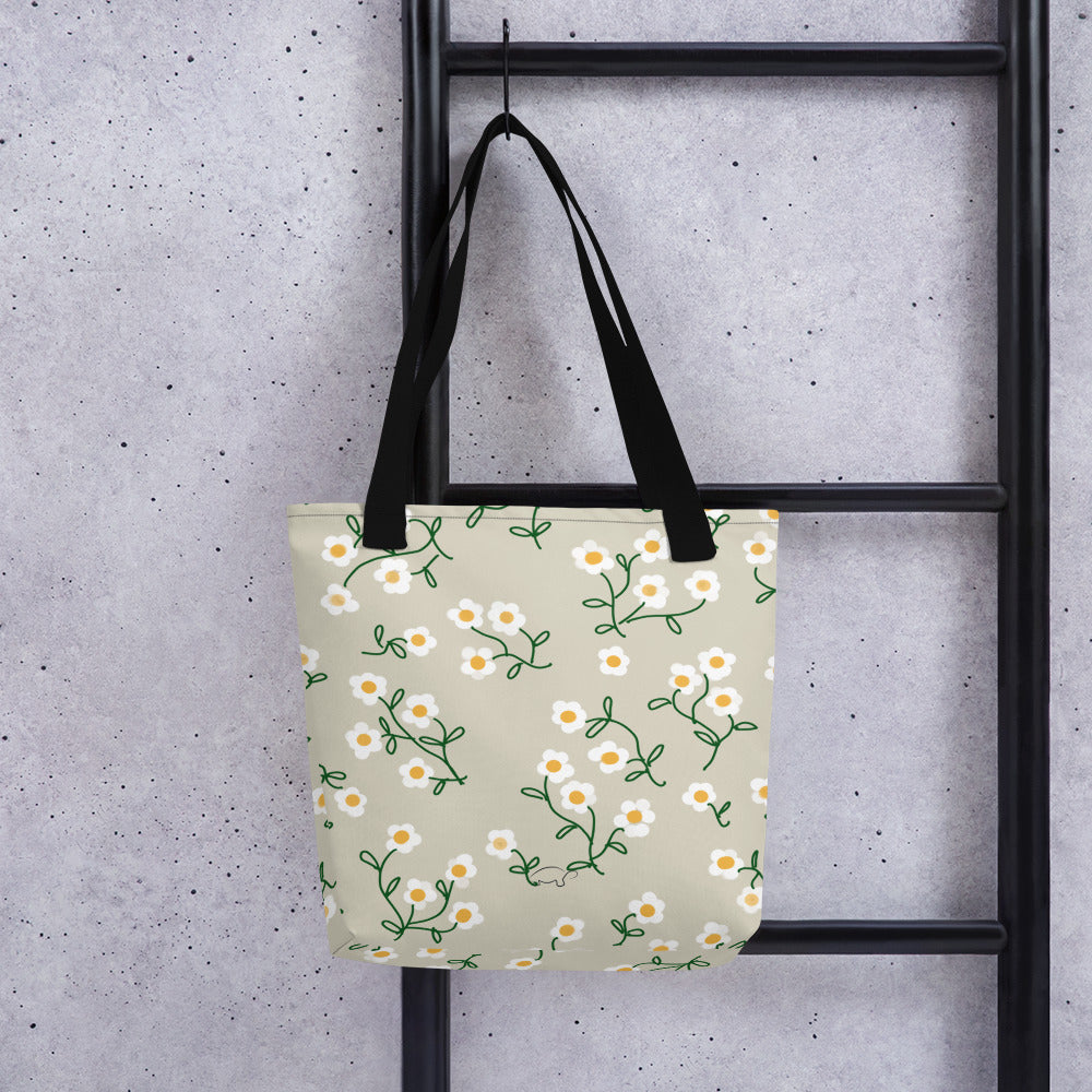 Super Bloom Collection Beige Margaritas Tote bag. Pattern hand-painted by the Designer Maria Alejandra Echenique