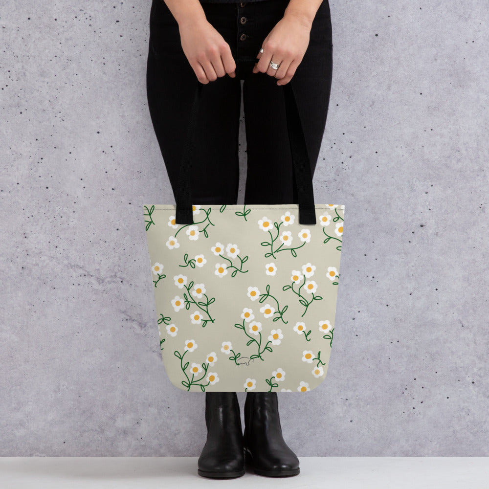 Super Bloom Collection Beige Margaritas Tote bag. Pattern hand-painted by the Designer Maria Alejandra Echenique