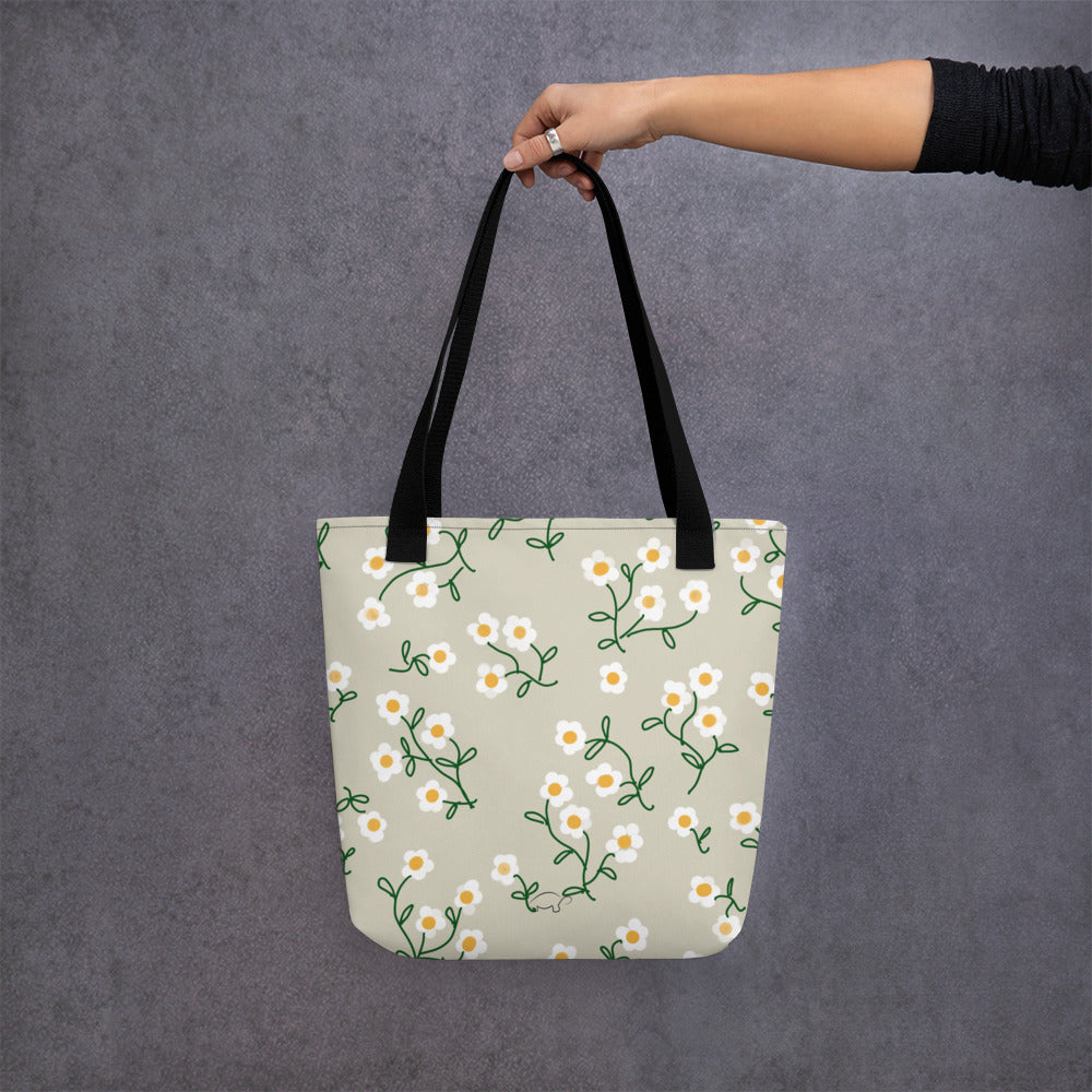 Super Bloom Collection Beige Margaritas Tote bag. Pattern hand-painted by the Designer Maria Alejandra Echenique