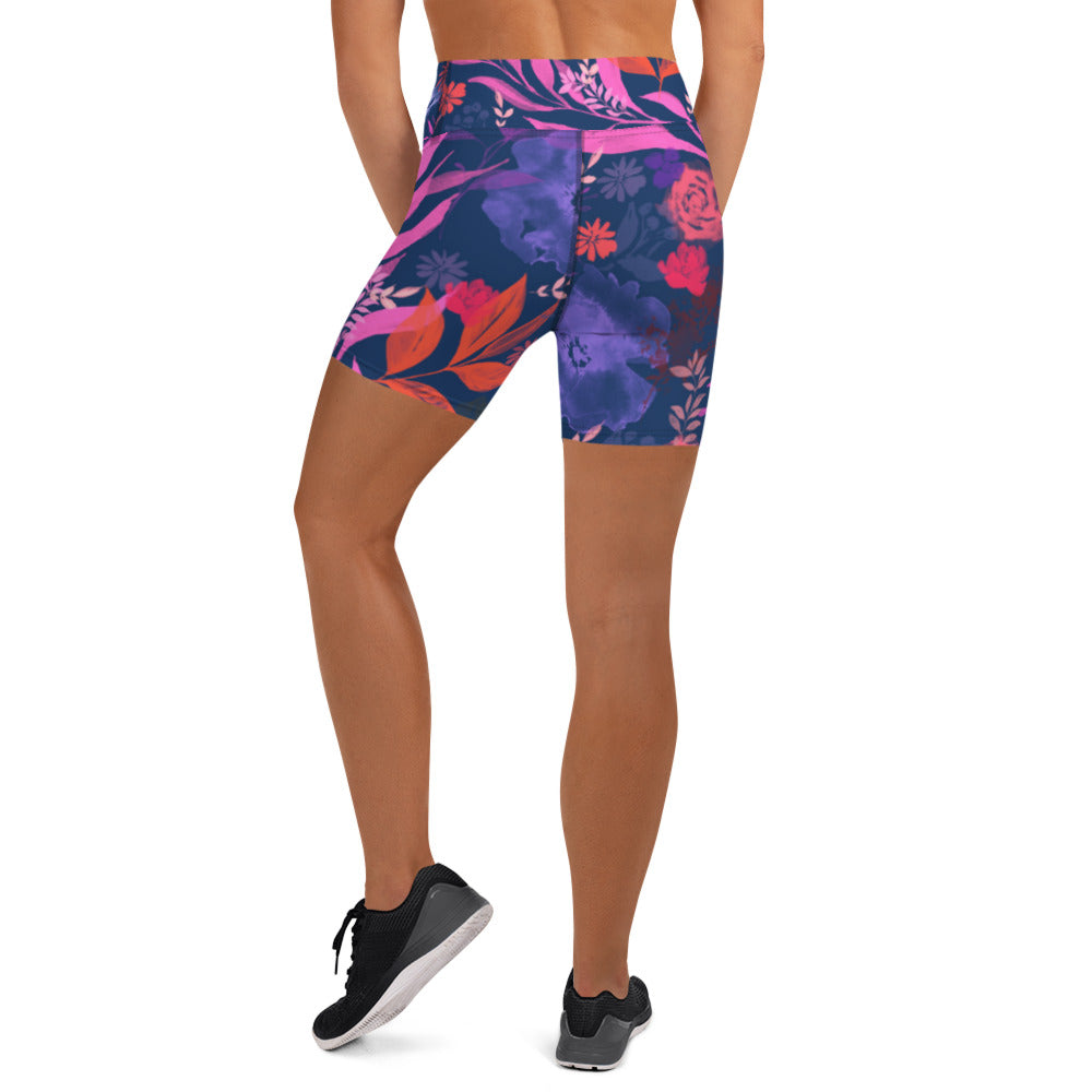 Multicolor Flowers Blue Yoga Shorts.