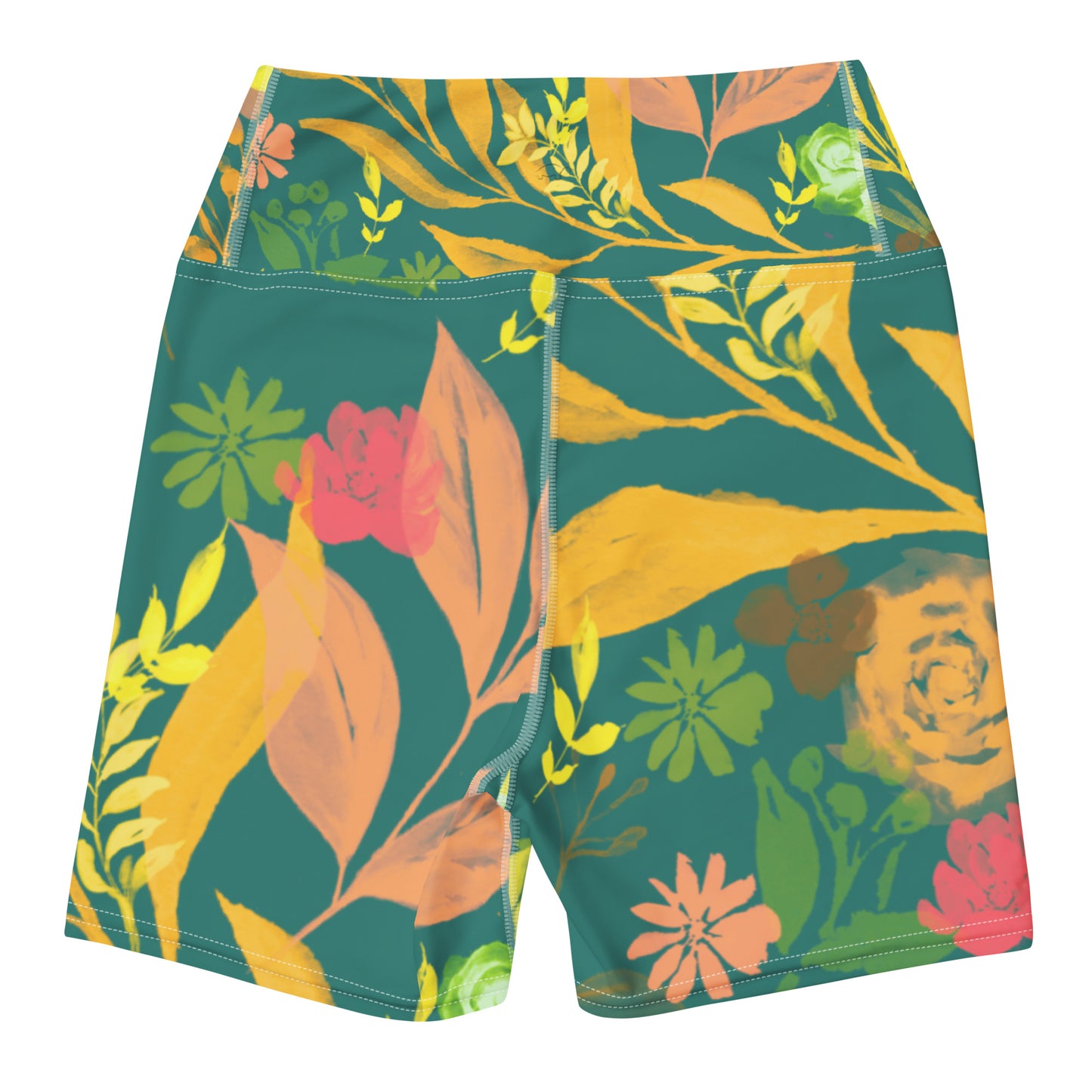 Multicolor Flowers Green Yoga Shorts.