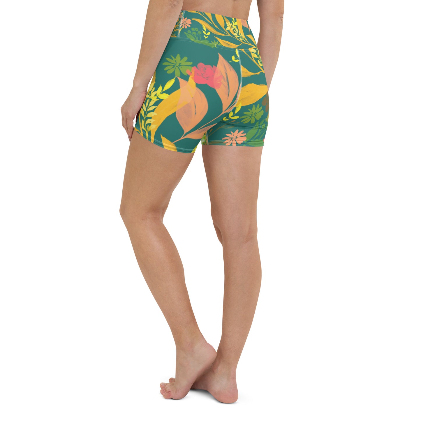 Multicolor Flowers Green Yoga Shorts.