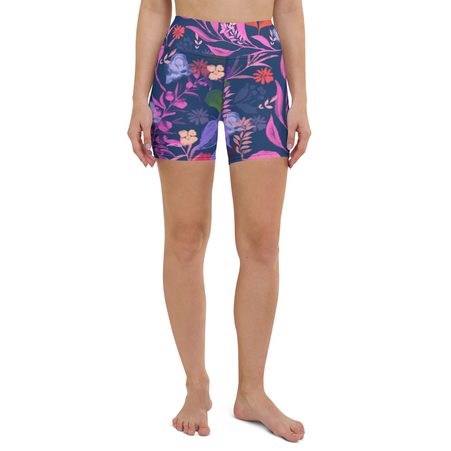 Multicolor Flowers Blue Yoga Shorts.