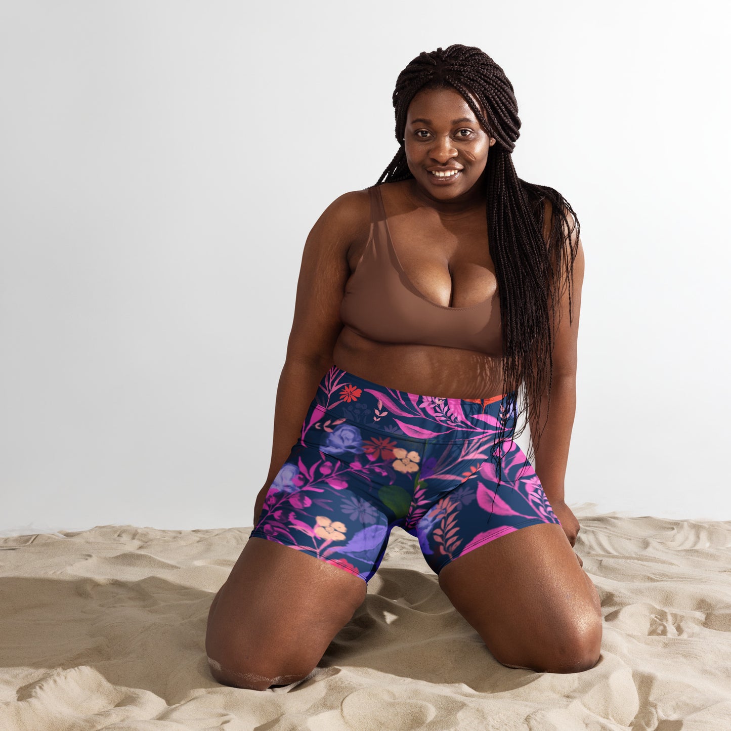 Multicolor Flowers Blue Yoga Shorts.
