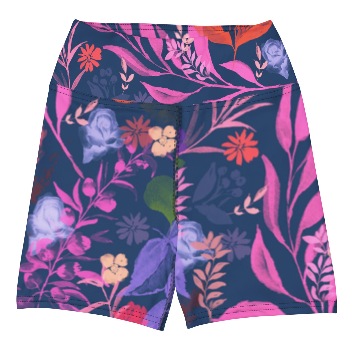 Multicolor Flowers Blue Yoga Shorts.