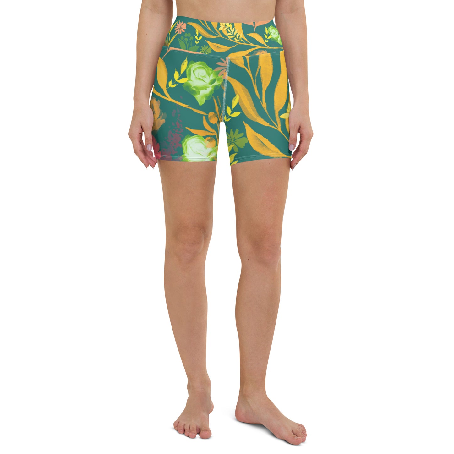 Multicolor Flowers Green Yoga Shorts.
