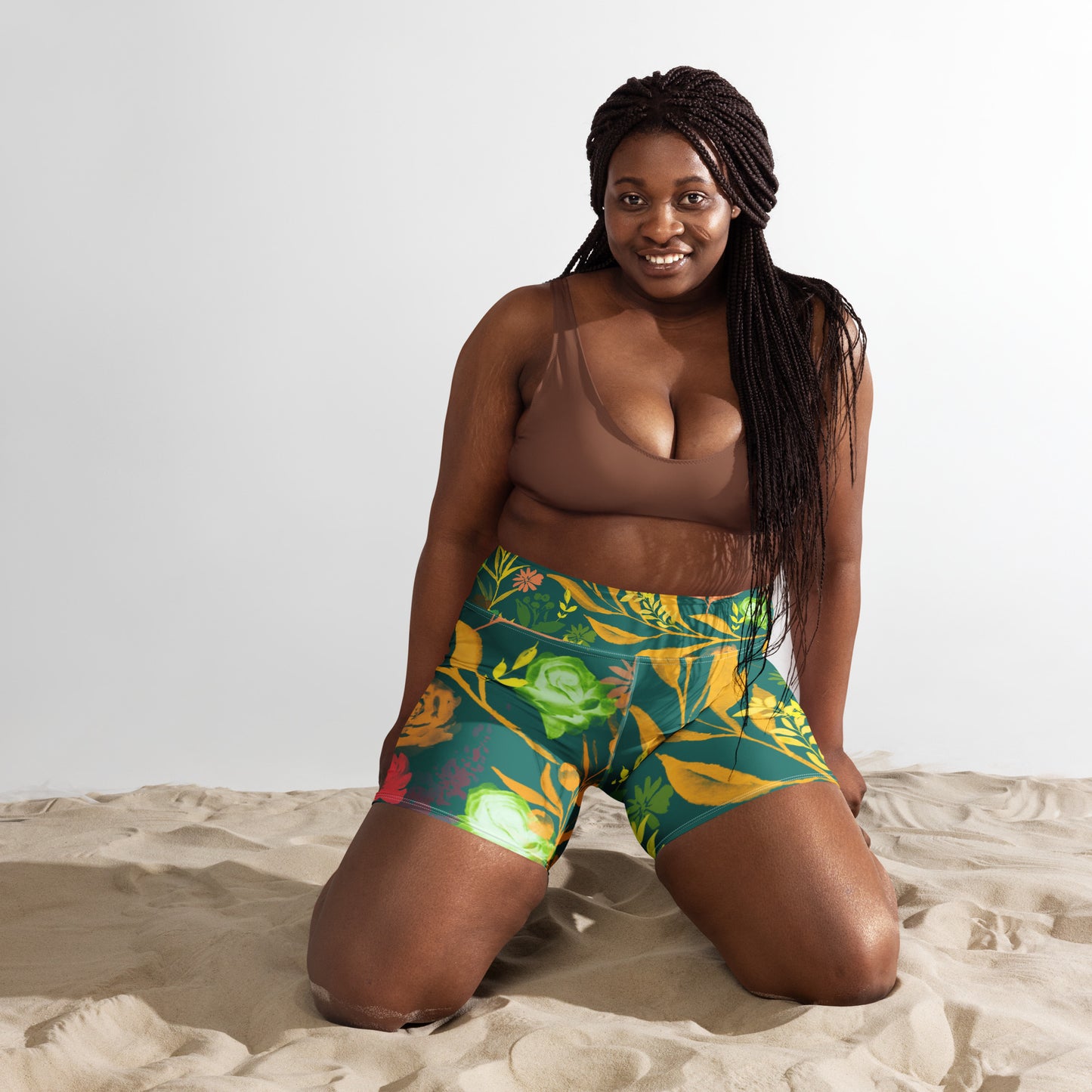Multicolor Flowers Green Yoga Shorts.