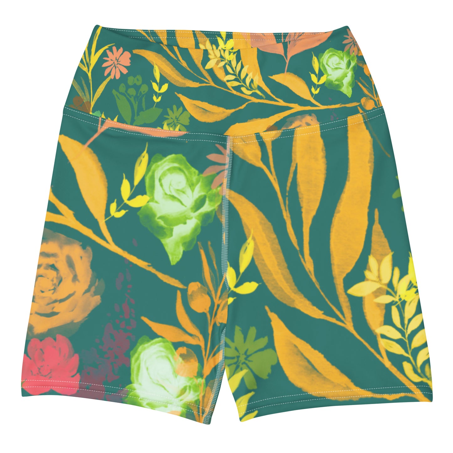 Multicolor Flowers Green Yoga Shorts.