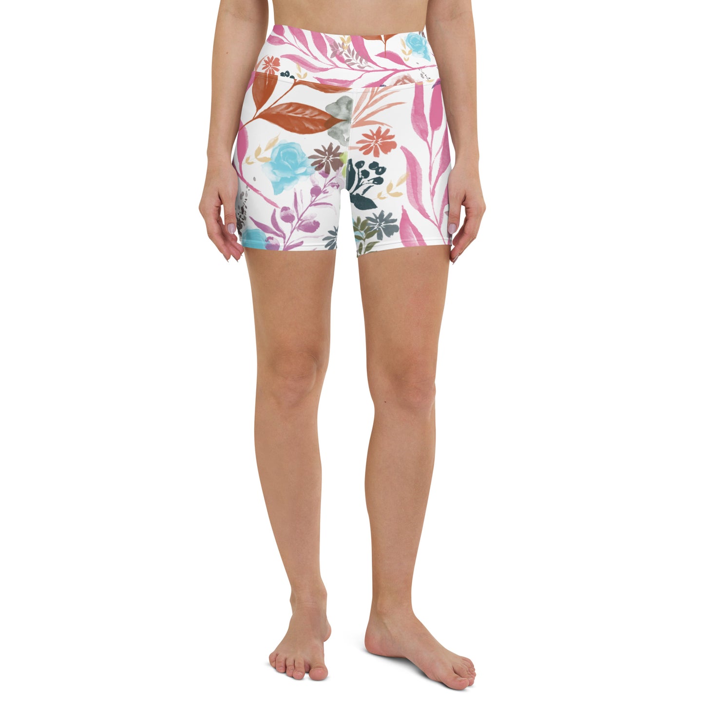 Multicolor Flowers White Yoga Shorts. Design hand-painted by the Designer Maria Alejandra Echenique