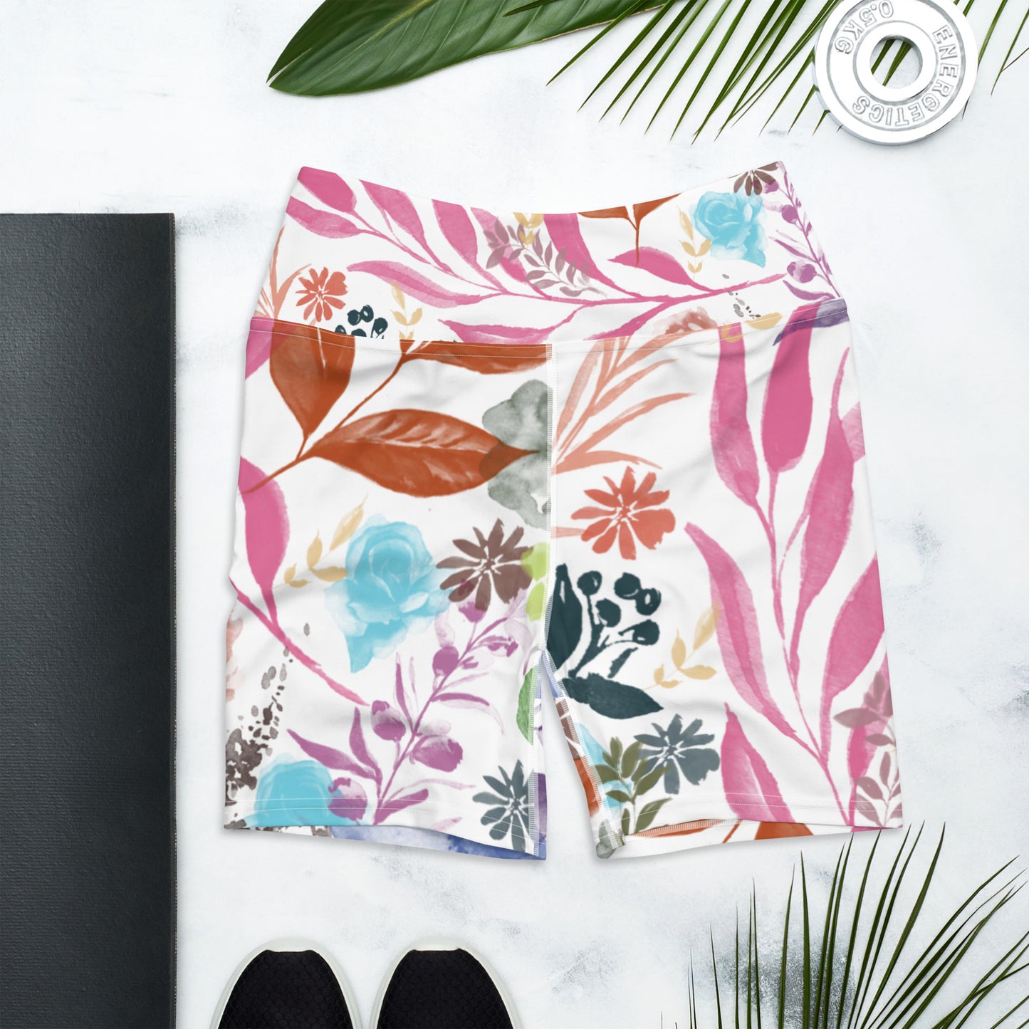Multicolor Flowers White Yoga Shorts. Design hand-painted by the Designer Maria Alejandra Echenique
