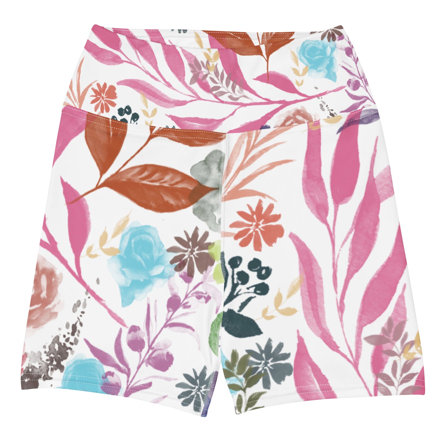 Multicolor Flowers White Yoga Shorts. Design hand-painted by the Designer Maria Alejandra Echenique