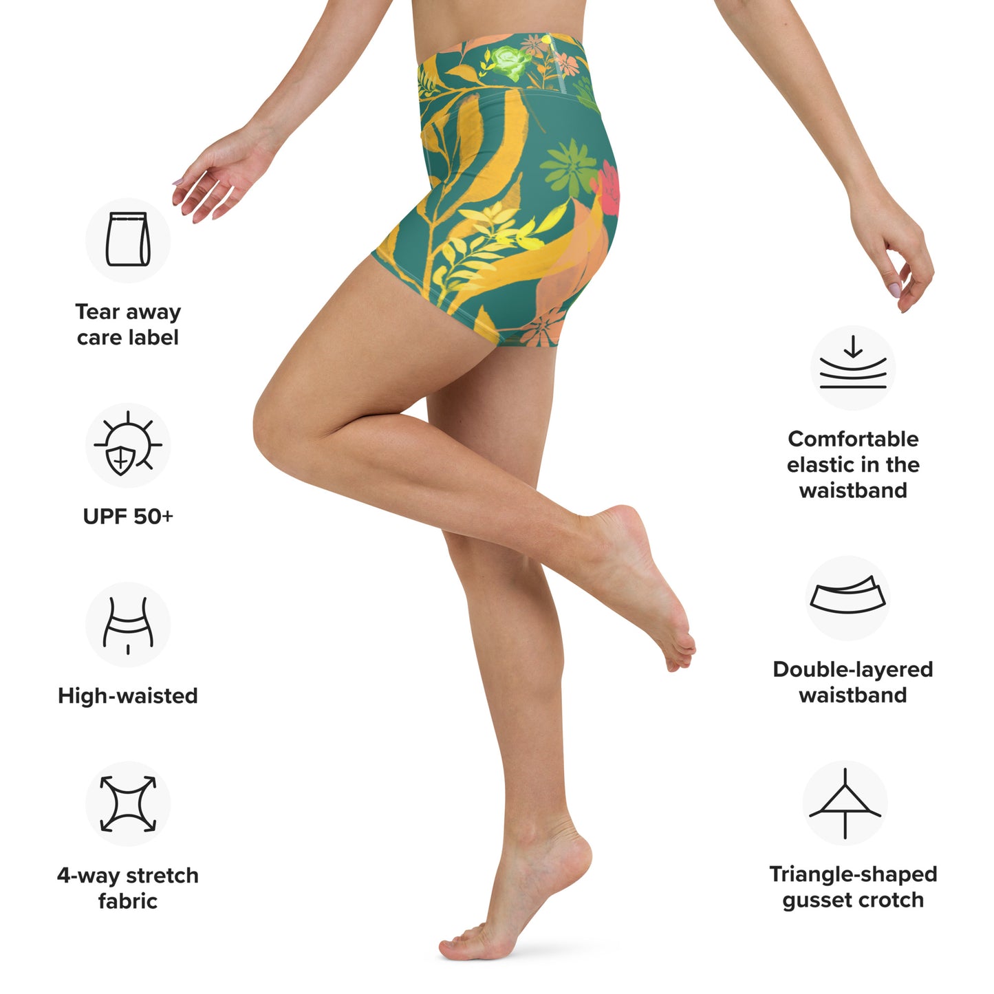 Multicolor Flowers Green Yoga Shorts.