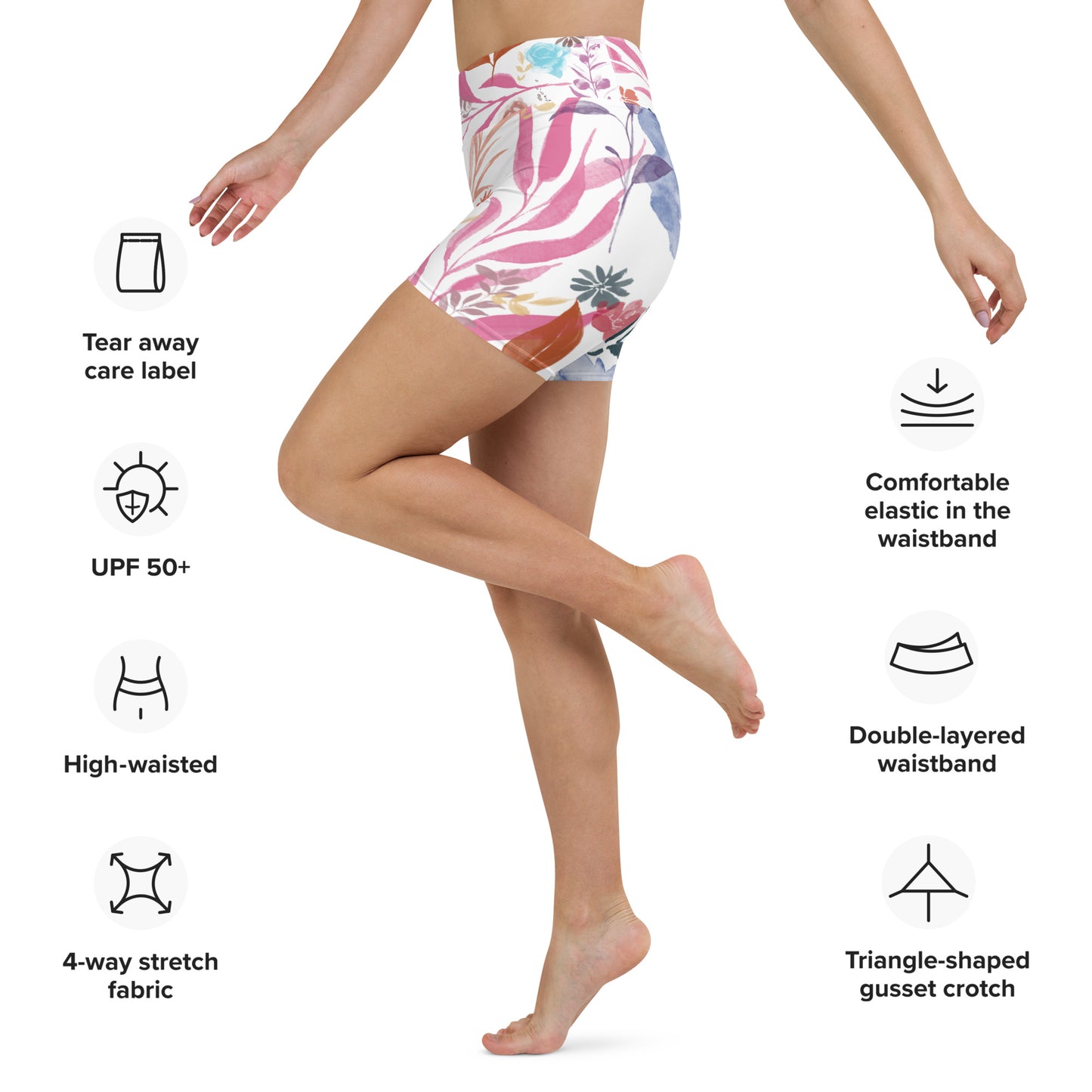 Multicolor Flowers White Yoga Shorts. Design hand-painted by the Designer Maria Alejandra Echenique