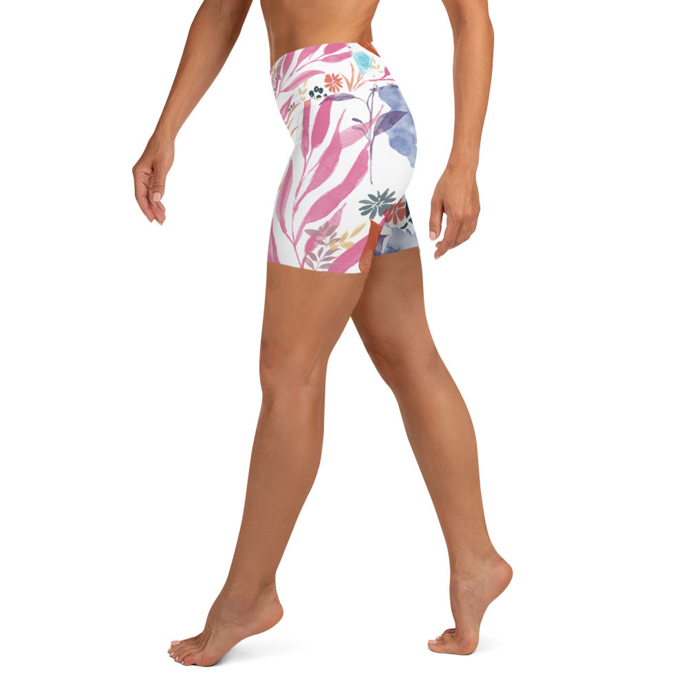 Multicolor Flowers White Yoga Shorts. Design hand-painted by the Designer Maria Alejandra Echenique