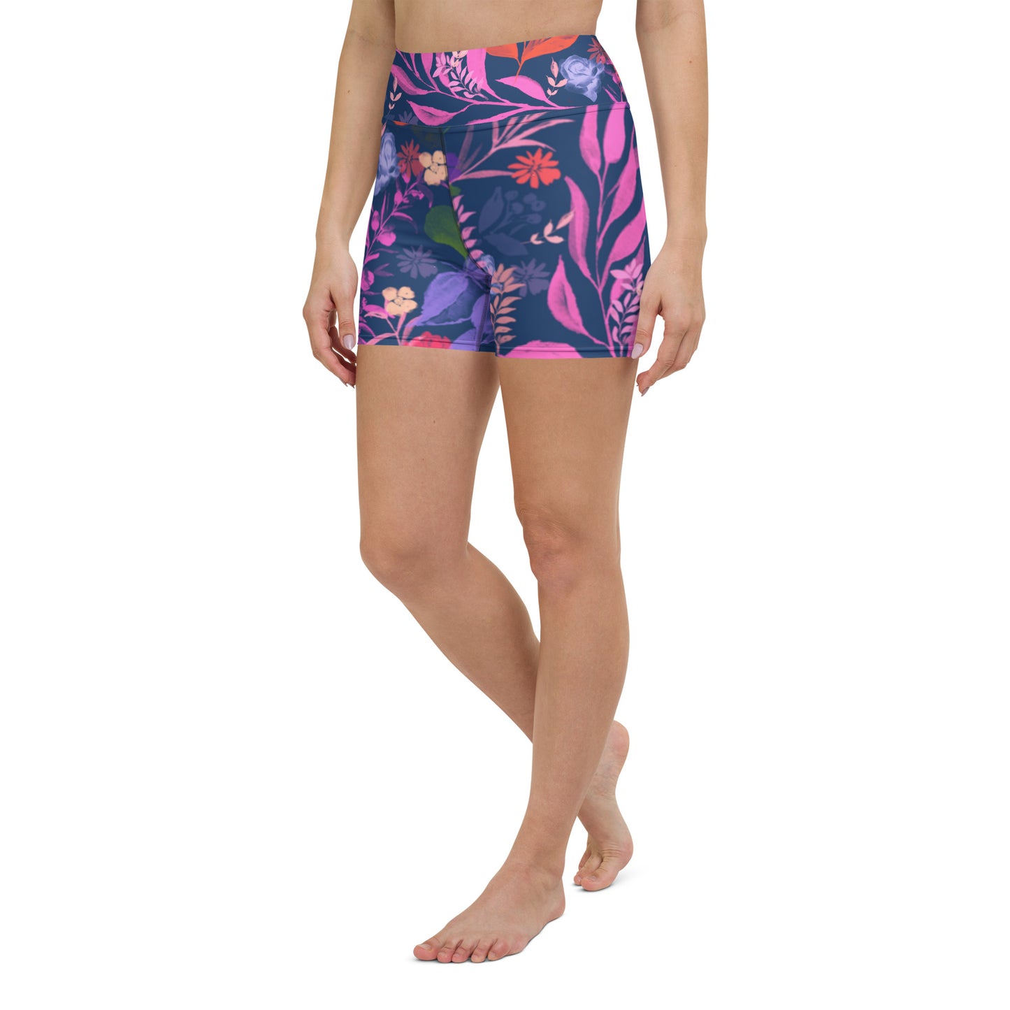 Multicolor Flowers Blue Yoga Shorts.