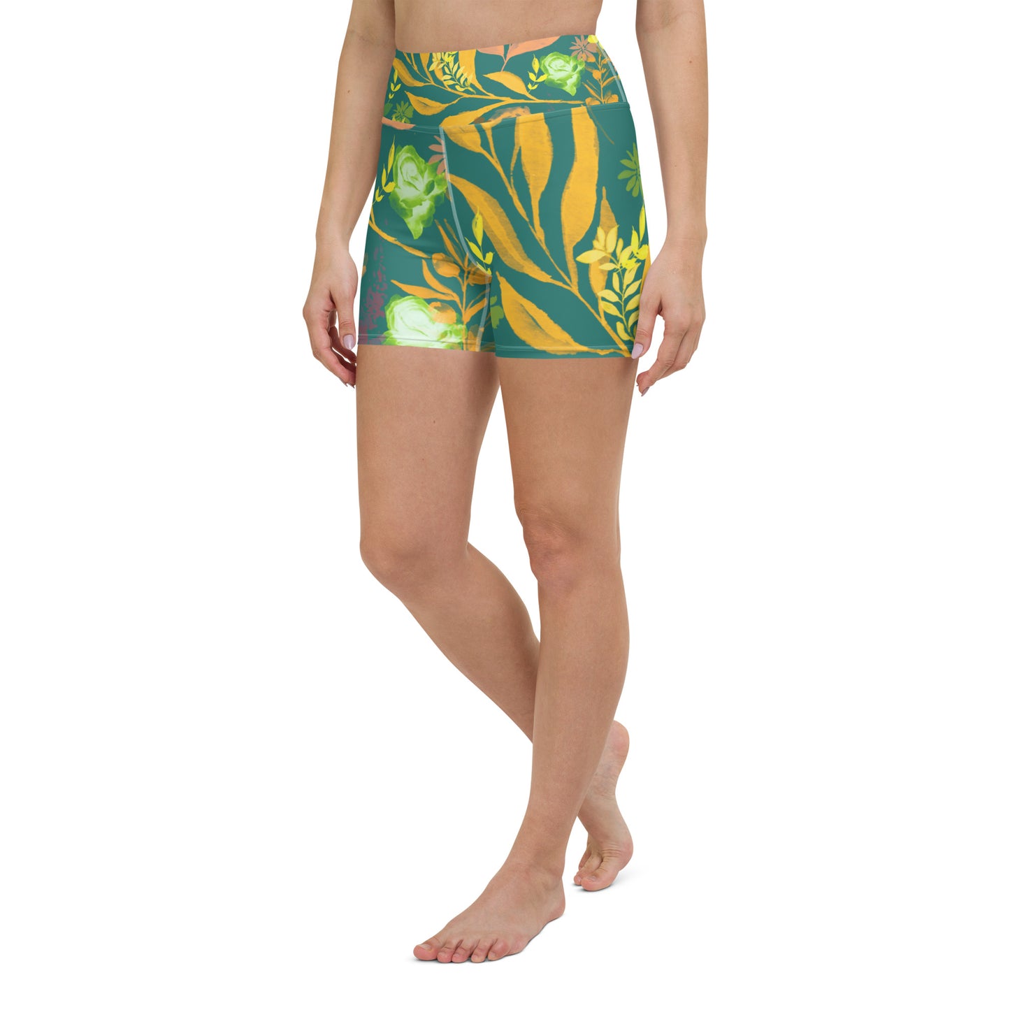 Multicolor Flowers Green Yoga Shorts.