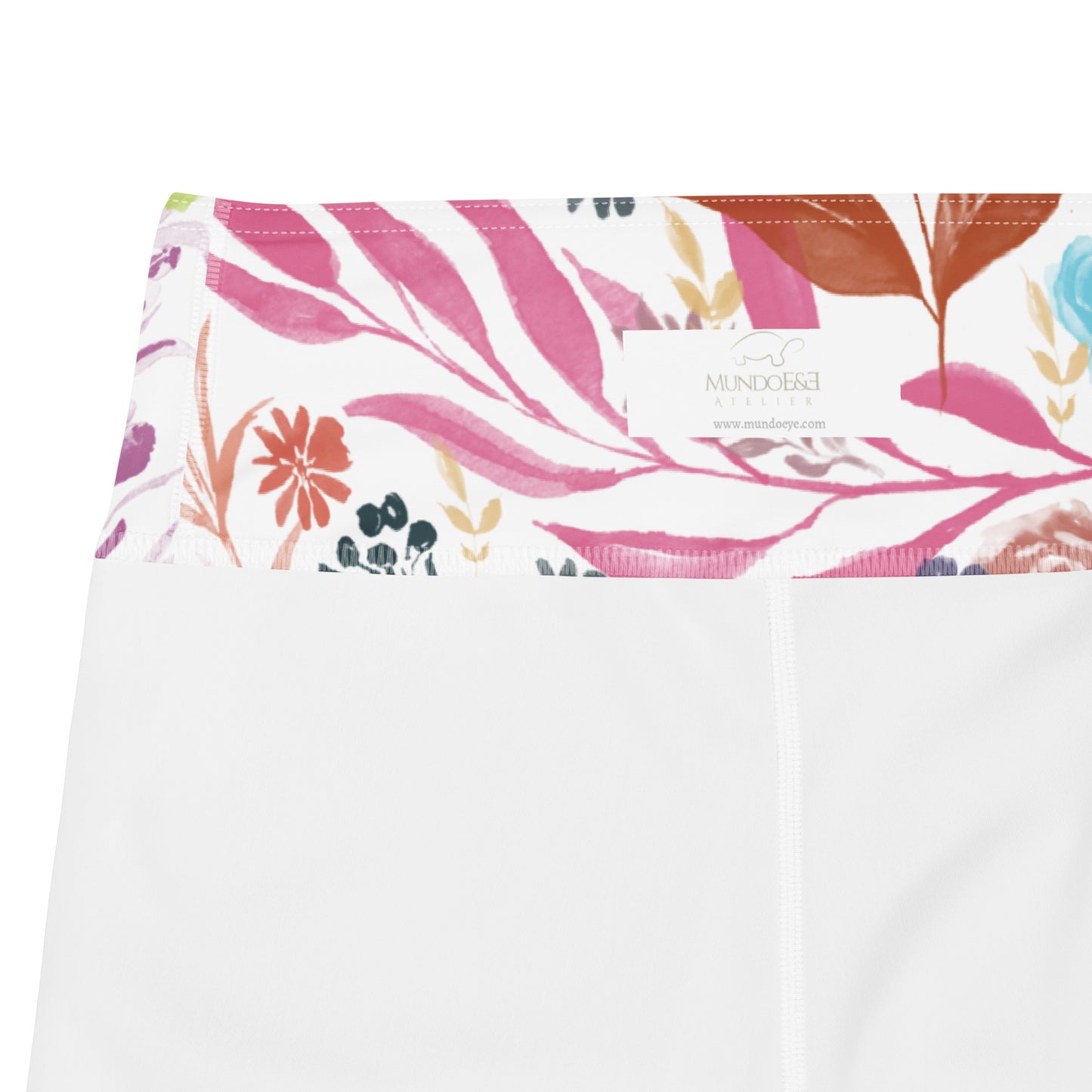 Multicolor Flowers White Yoga Shorts. Design hand-painted by the Designer Maria Alejandra Echenique