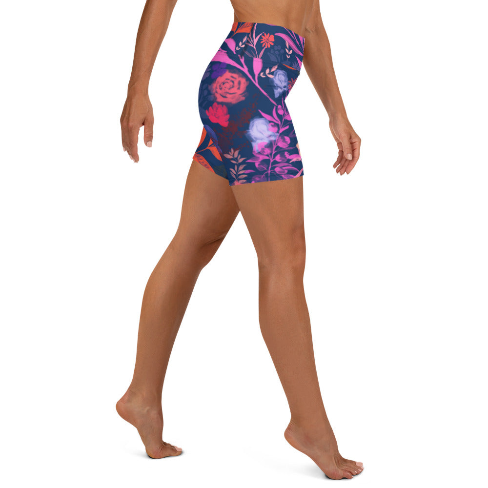 Multicolor Flowers Blue Yoga Shorts.