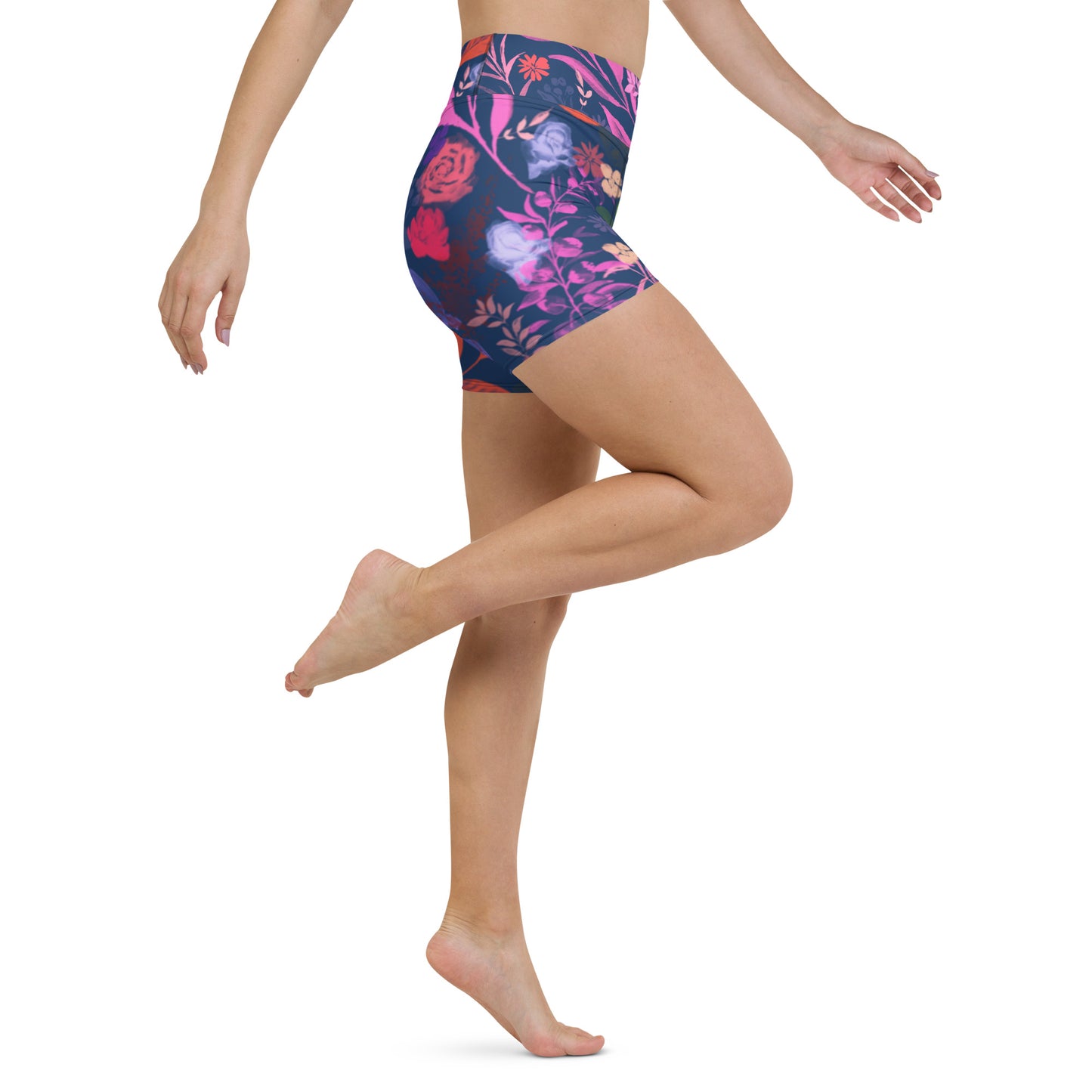 Multicolor Flowers Blue Yoga Shorts.