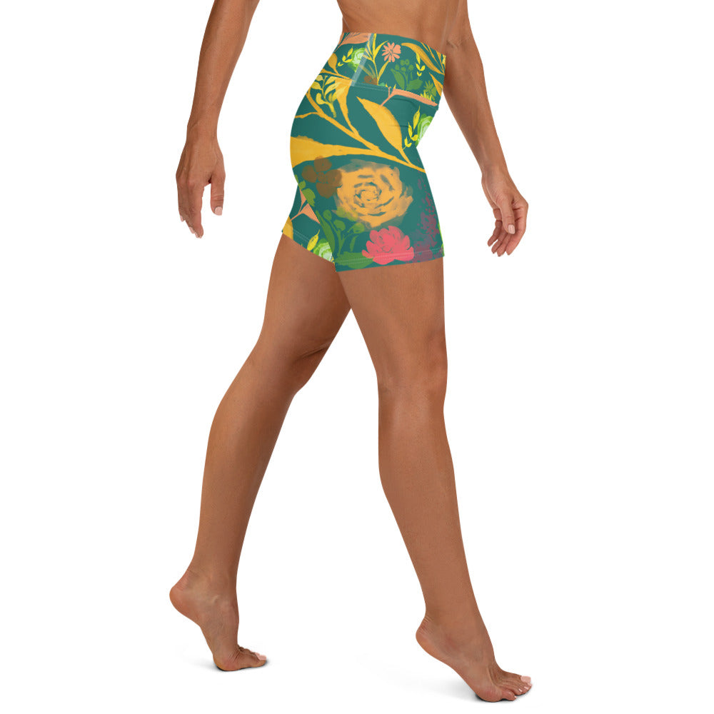 Multicolor Flowers Green Yoga Shorts.