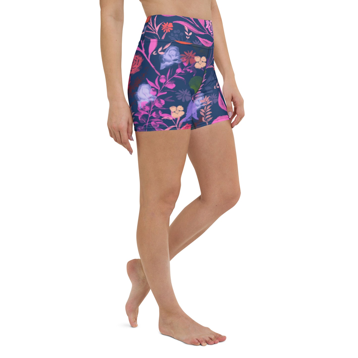 Multicolor Flowers Blue Yoga Shorts.