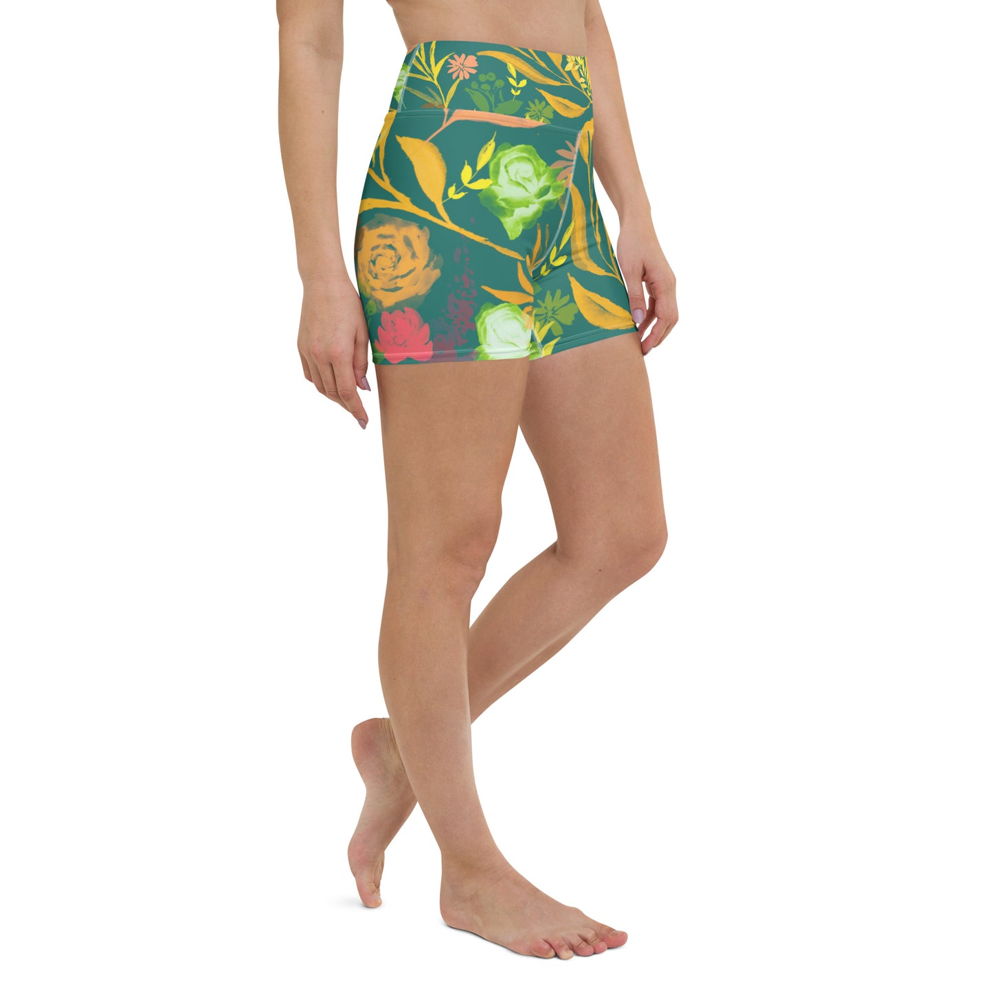 Multicolor Flowers Green Yoga Shorts.