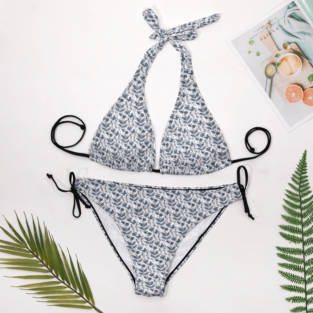 Watercolor Blue & white V-Neck Bikini Swimsuit. Houston Collection. Design hand-painted by the Designer Maria Alejandra Echenique