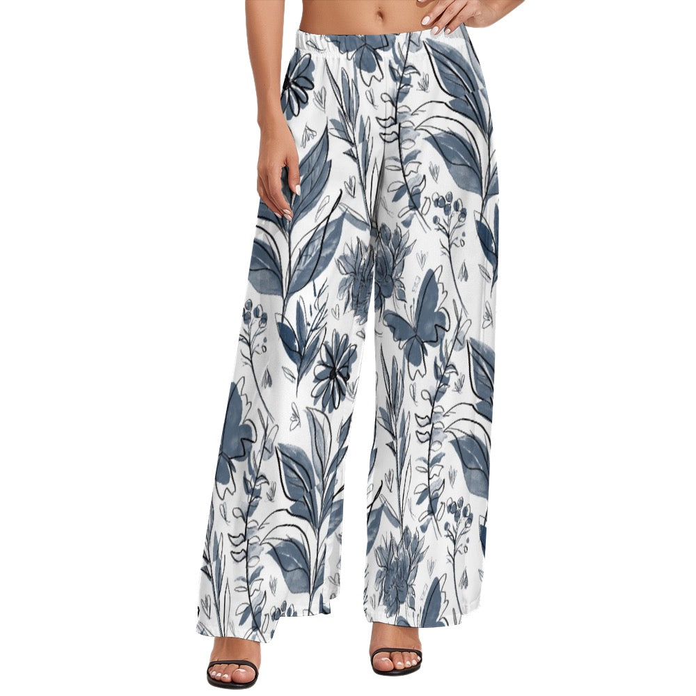 Multicolor Flowers Green Women's Wide Leg Pants. Houston collection. Design hand-painted by the Designer Maria Alejandra Echenique