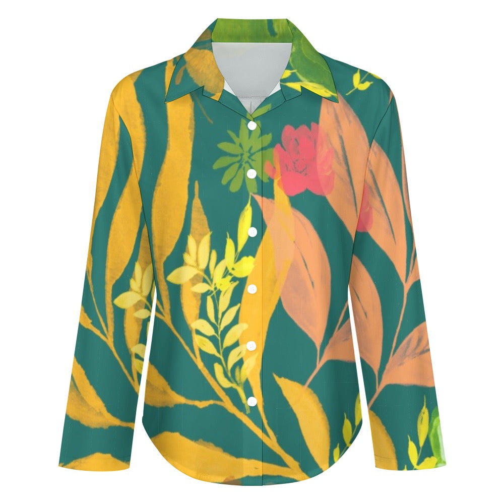 Multicolor Flowers Blue Cropped hem shirt. Houston Collection. Design hand-painted by the Designer Maria Alejandra Echenique