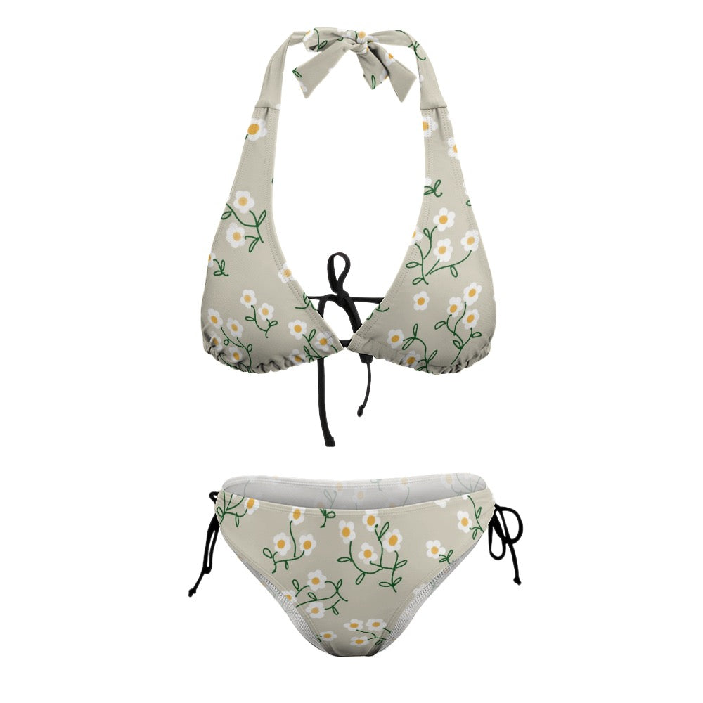 Super Bloom Collection Beige V-Neck Bikini Swimsuit. Bathing suit. Design hand-painted by the Designer Maria Alejandra Echenique